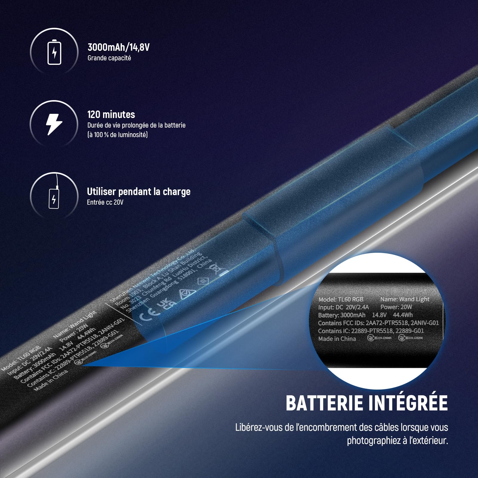 NEEWER TL60 Tube Éclairage Vidéo RGB, Lampe Vidéo LED Portable RGBWW pour Photographie, Bâton Lumineux avec 2,4 G APP Contrôle/DMX, 7 Effets Pixels, 18 Scènes, 2500K-10000K TLCI98+, Batterie 3000mAh