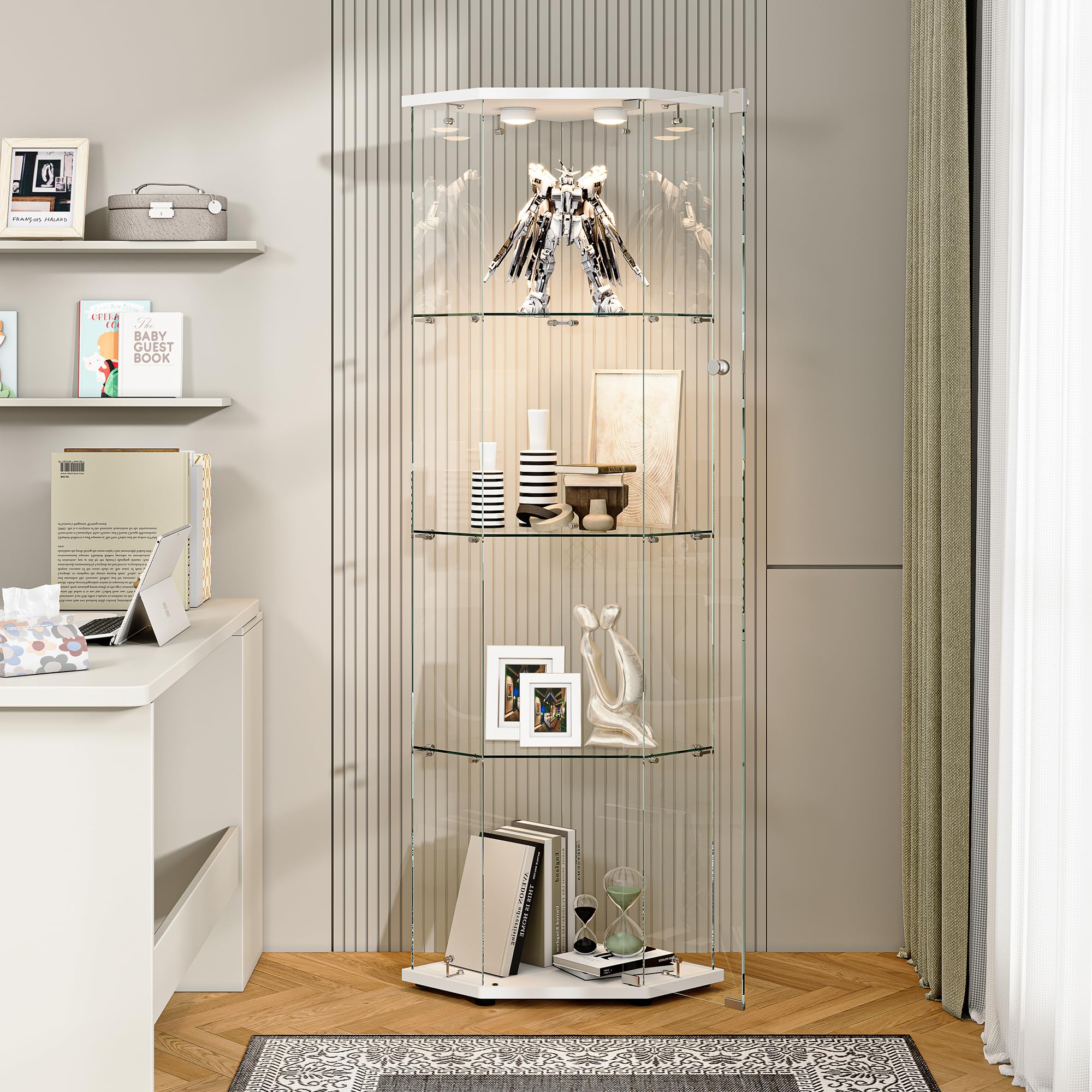 Vitrina de Cristal led, 162x60x40 cm vitrina Expositora de Vidrio con Cerradura LED y Puerta 4 Estantes VitrinaExpositora de Esquina Vitrina Transparente Grande vitrina de Colección para Salón Bar