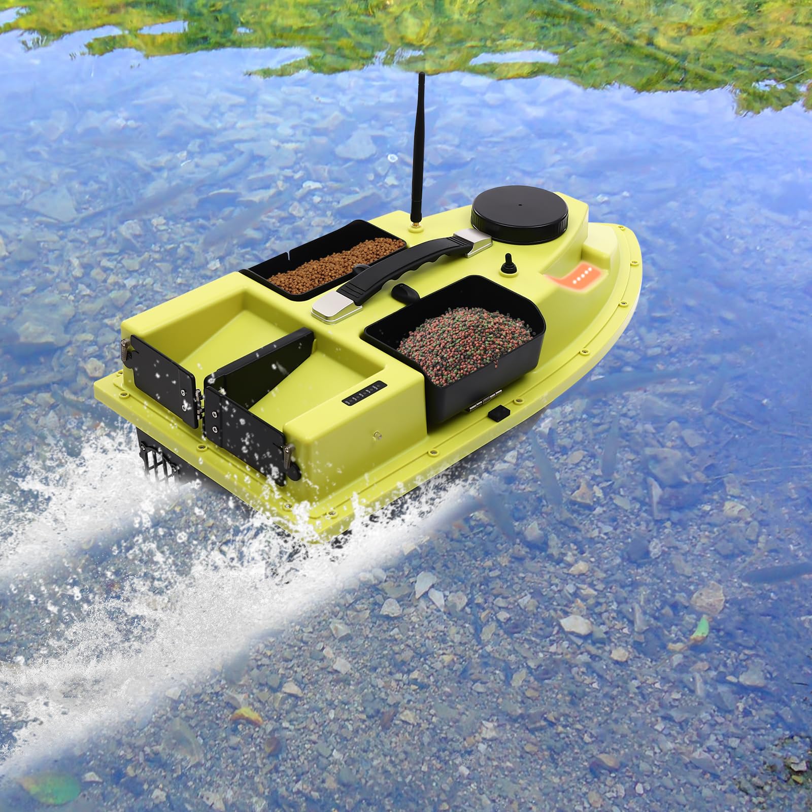 Barca da pesca Barchino pasturatore Barca da pesca per esche con posizionamento GPS Telecomando 2,4G Design a 4 marce Batteria al litio da 5,2 Ah adatta per grandi laghi e bacini artificiali