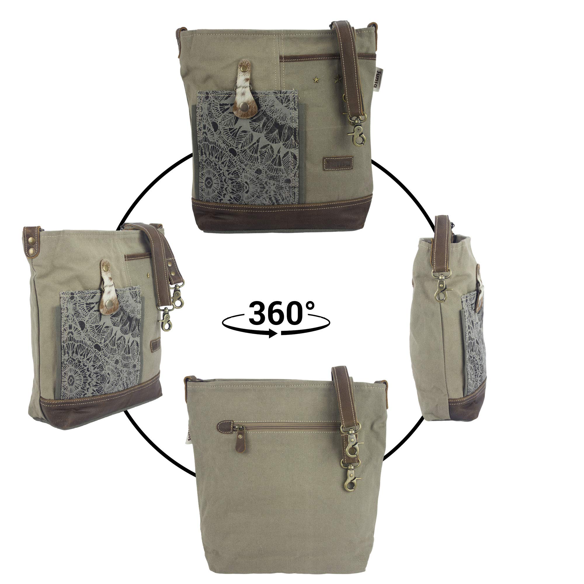 Sunsa Umhängetasche Damen groß Handtasche mit vielen Fächern Tasche aus Canvas & Leder. Vintage Tasche in Kahkigrün. Mandala Design Schultertasche Shopper Arbeitstasche Frauen Crossbody Damentasche