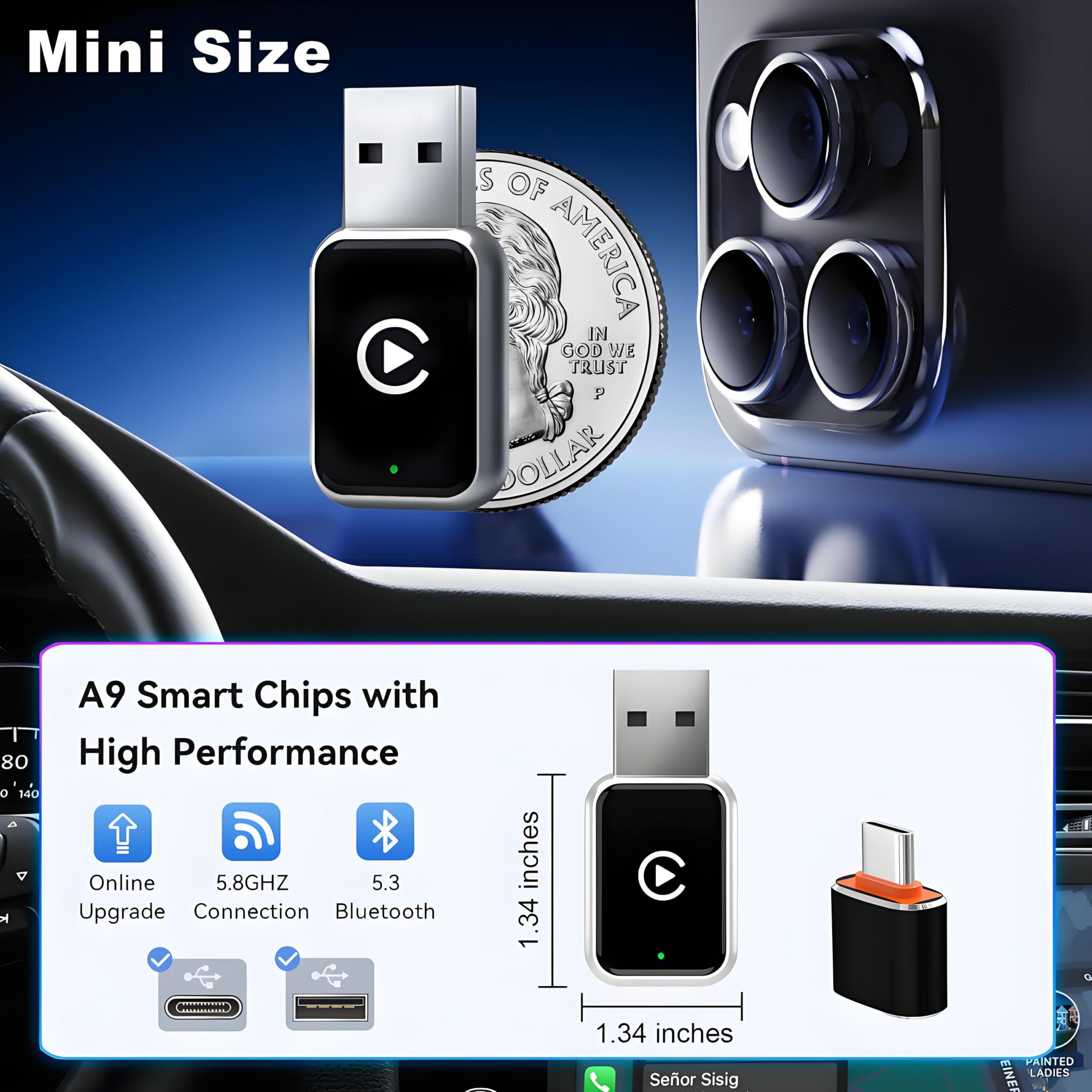 Bezprzewodowy adapter CarPlay do iPhone'a, konwertuj przewodowy na bezprzewodowy adapter Apple CarPlay, Plug & Play, bez opóźnień i stabilne sterowanie, mini rozmiar, USB i USB-C/typ C do samochodów