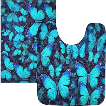 Blue Butterflies Bathroom Rug Set 2PCS Ultra Soft Bath Rugs, Non Slip Absorbent Shaggy Bath Mat Set with U-Shaped Toilet Mat 16" x 24" & 20" x 24"