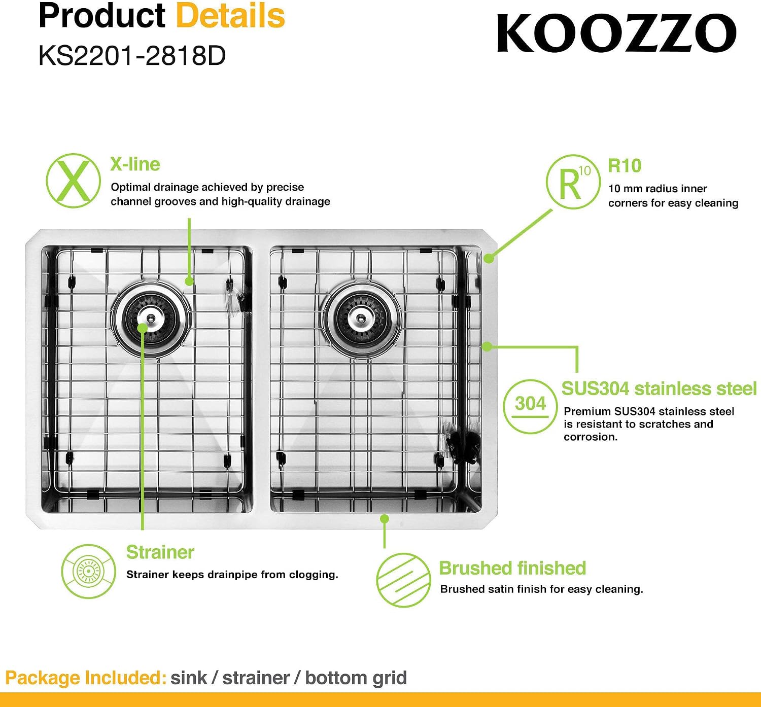 Exclusive Discount 90% Price Koozzo 28 Undermount kitchen sink, rectangular 50/50 double bowl, stainless steel,18 gauge, Includes Strainer/Grid Best Promo Koozzo 28 Undermount kitchen sink, rectangular 50/50 double bowl, stainless steel,18 gauge, Includes Strainer/Grid