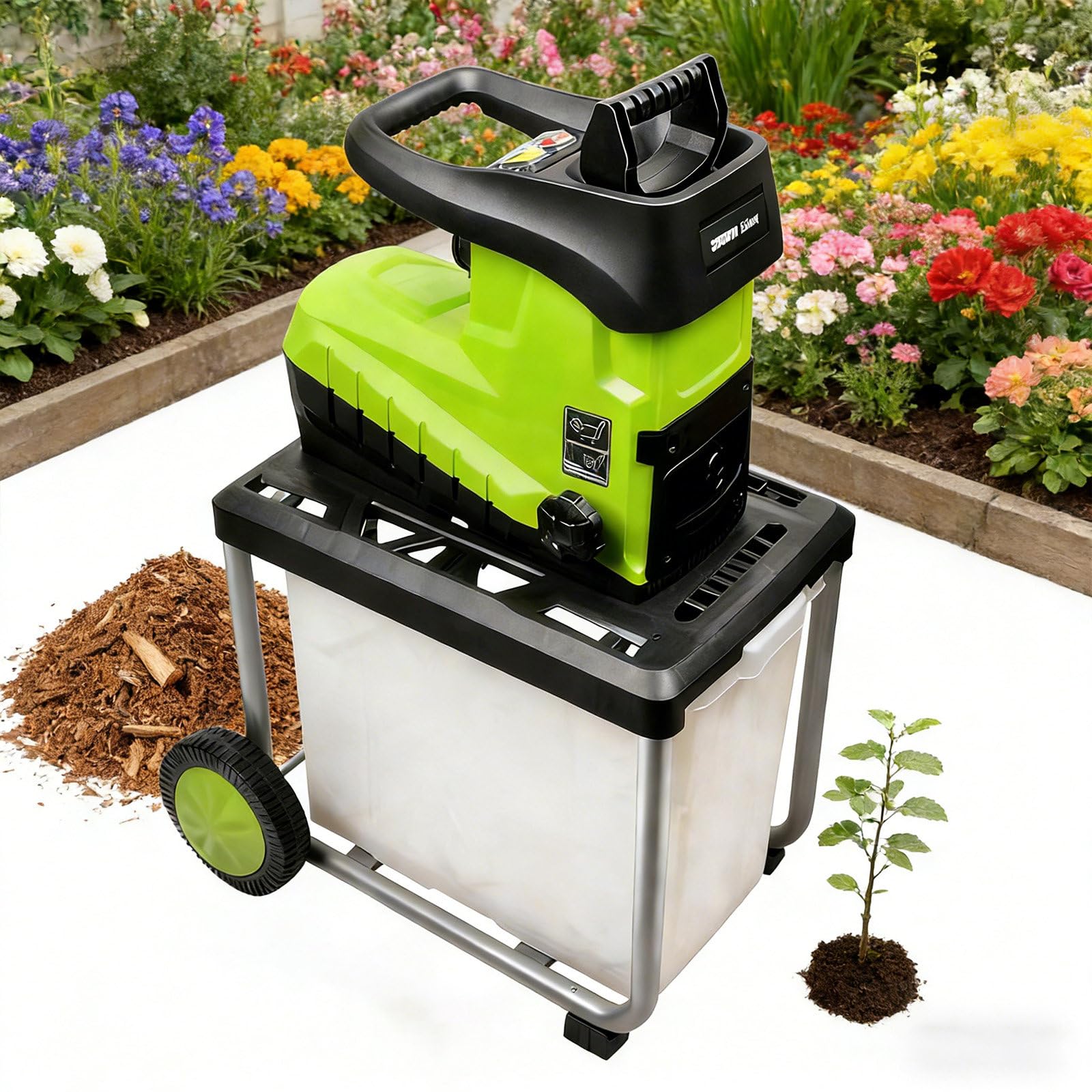 Biotrituratore da Giardino, Biotrituratore da Giardino Elettrico, Rami da 45 Mm/1,77", con Contenitore Staccabile di Grande capacità da 60 L E Manopola di Regolazione della Macinatura