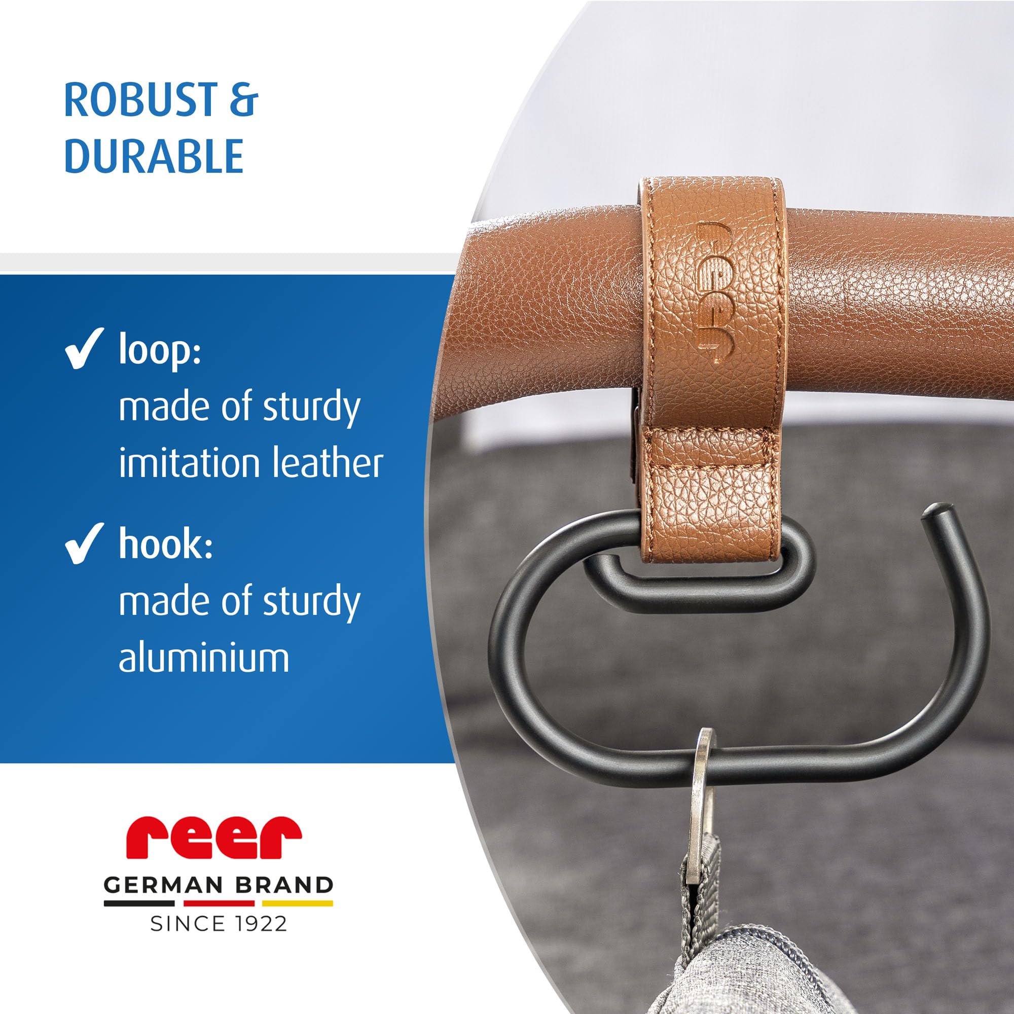 reer CarryHook haczyki do wózka dziecięcego, 2 sztuki, uniwersalne haczyki na torby na pieluchy i torby na zakupy, mocowanie na rzepy, akcesoria do wózków dziecięcych, brązowo-czarne