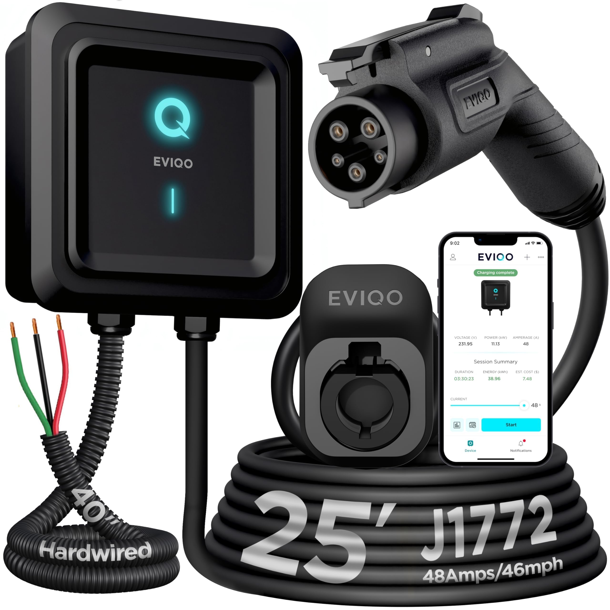 EVIQO Level 2 EV Charger, 40-48 Amp, J1772 for Non-Tesla EVs, 25ft Cable, WiFi (2.4GHz) Smart App, Weatherproof Indoor/Outdoor (IP66, NEMA 4), UL & ETL Certified, Hardwired 240V, 11.5kW