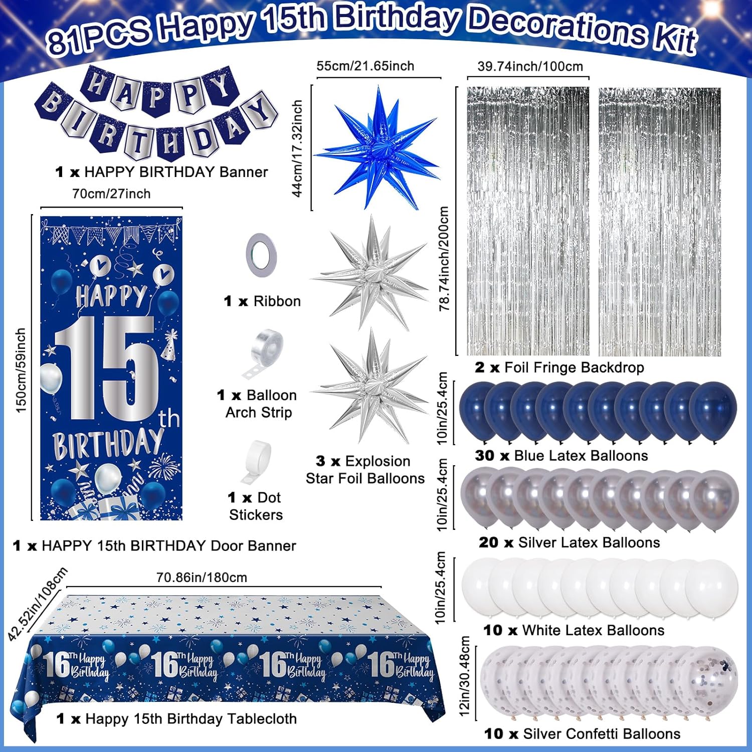 15th Birthday Decorations for Boys Girls, Blue Happy 15th Birthday Decorations Boy 15 Birthday Door Banner, 15 Year Old Boy Bday Party Decor with Tablecloth Foil Backdrop Star Balloons for 15th Boys - Image 3