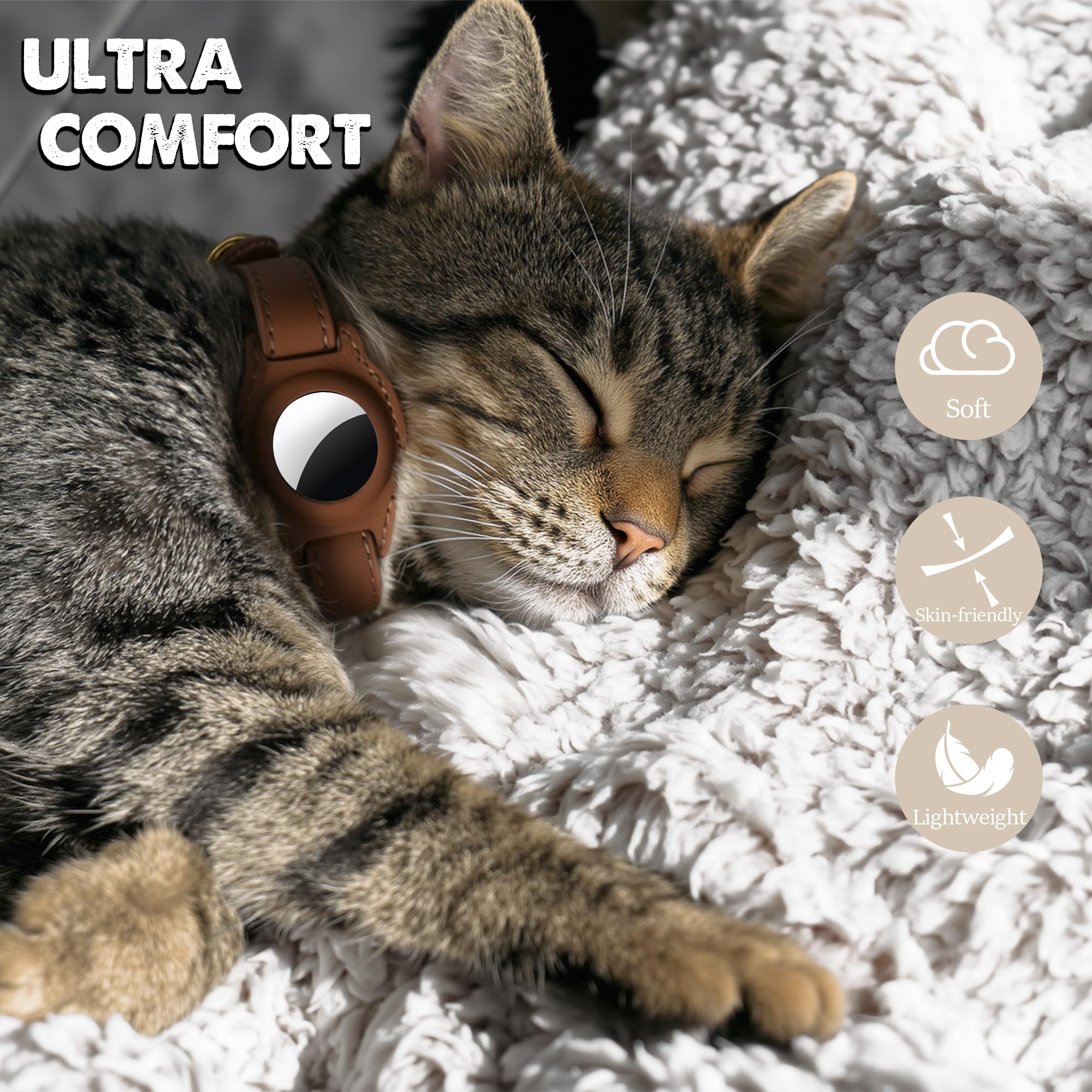 AirTag - Collar de gato con campana y forro de tela, collar de cuero para mascotas, collar de gato de cuero no separable con soporte para AirTag, collares GPS para gatos y gatos (marrón)