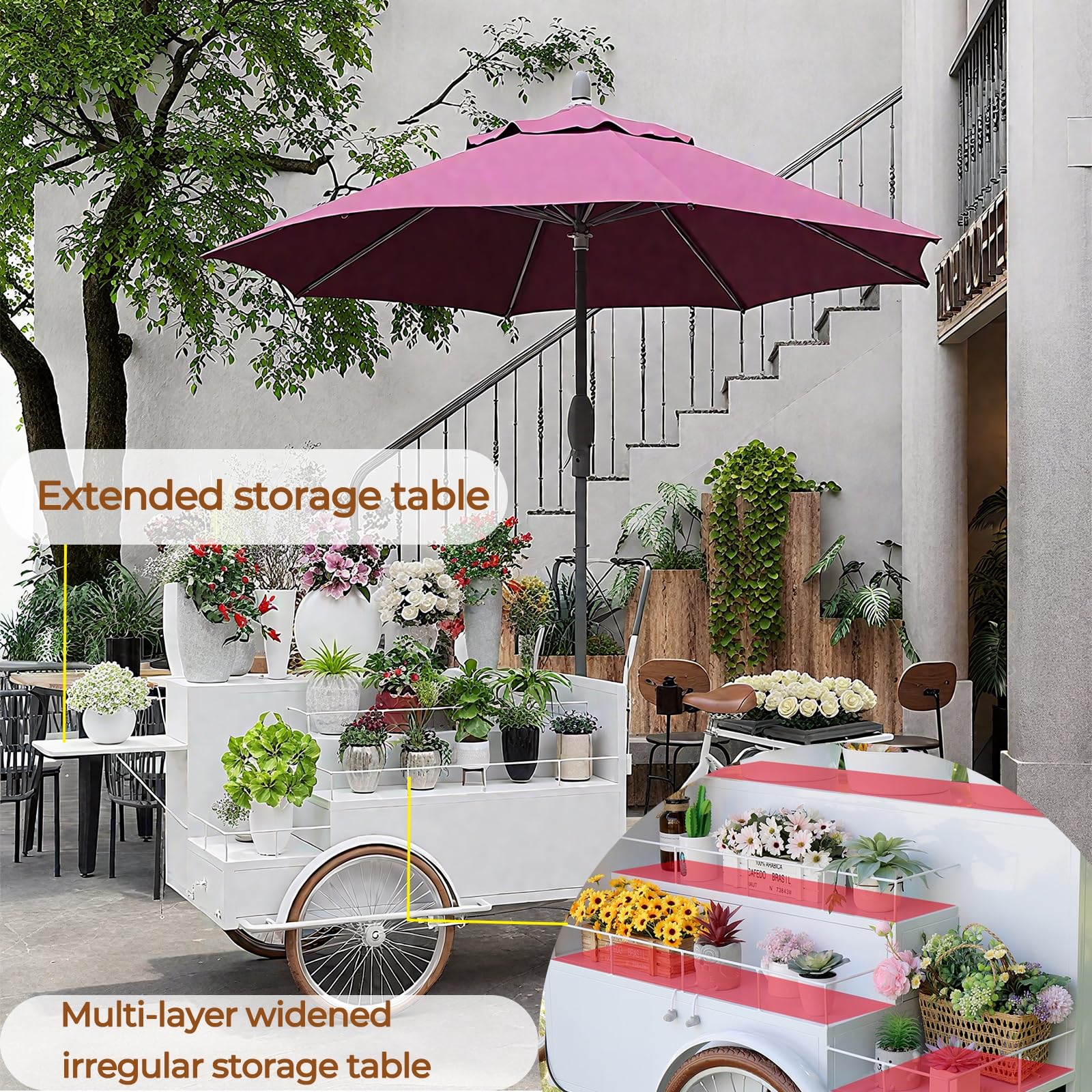 Carrello da Vendita Mobile a Triciclo, Food Truck Mobile a Triciclo per succhi, Carrello per Fiori con ombrelloni spinto a Mano, per la Vendita di Cibo da Strada,B
