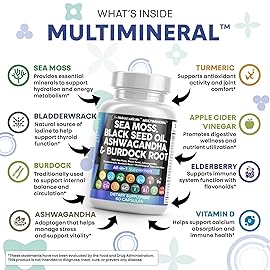 Clean Nutraceuticals Sea Moss Black Seed Oil Ashwagandha Turmeric Bladderwrack Burdock & Vitamin C Vitamin D3 with Elderberry Manuka Dandelion Yellow Dock Iodine Chlorophyll ACV