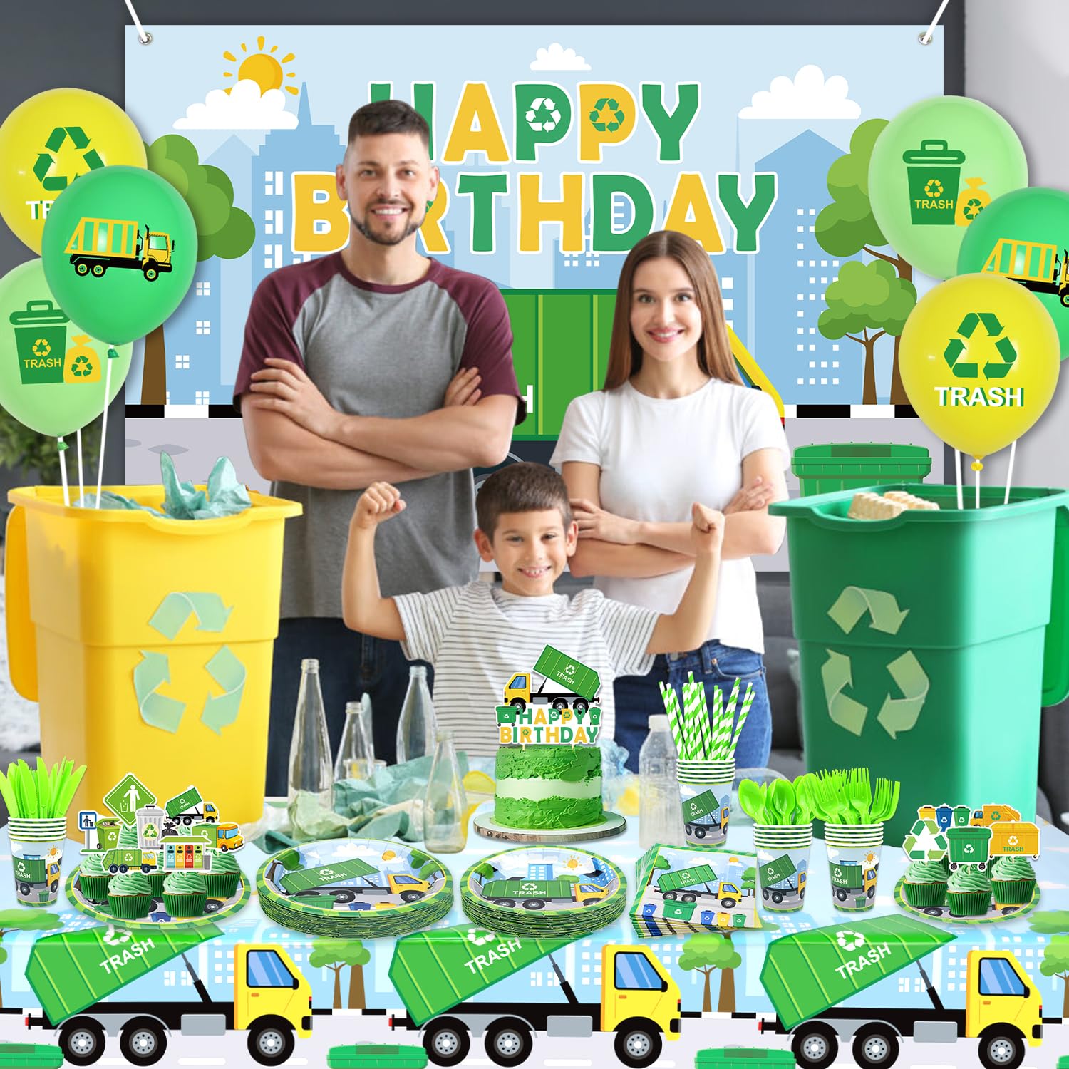 Trash Truck Birthday Party Decorations Kit - Includes Backdrop, Cake Topper, Plates, Cups, Balloons & More For Garbage Truck Theme - View #9