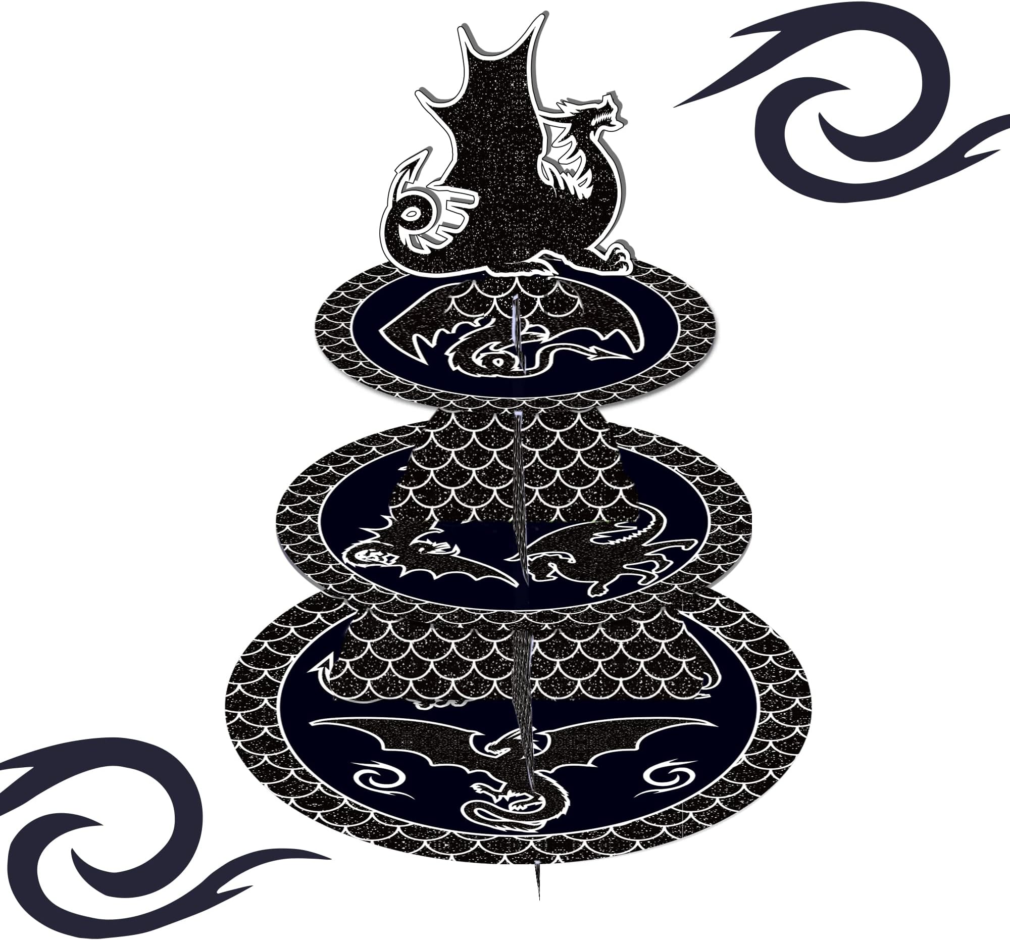 CC HOME Dragon Cupcake Stand 3 Tier Black Dragon Party Supplies Cake Stand for Kids Birthday Party Decorations
