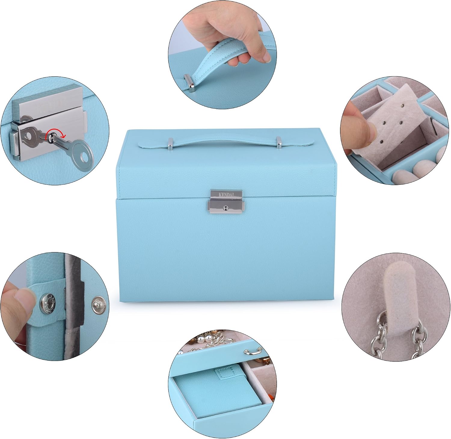 Kendal Large Leather Jewelry Box/Case/Storage/Organizer With Travel Case and Lock, Mothers Day Gifts for Mom(Blue)
