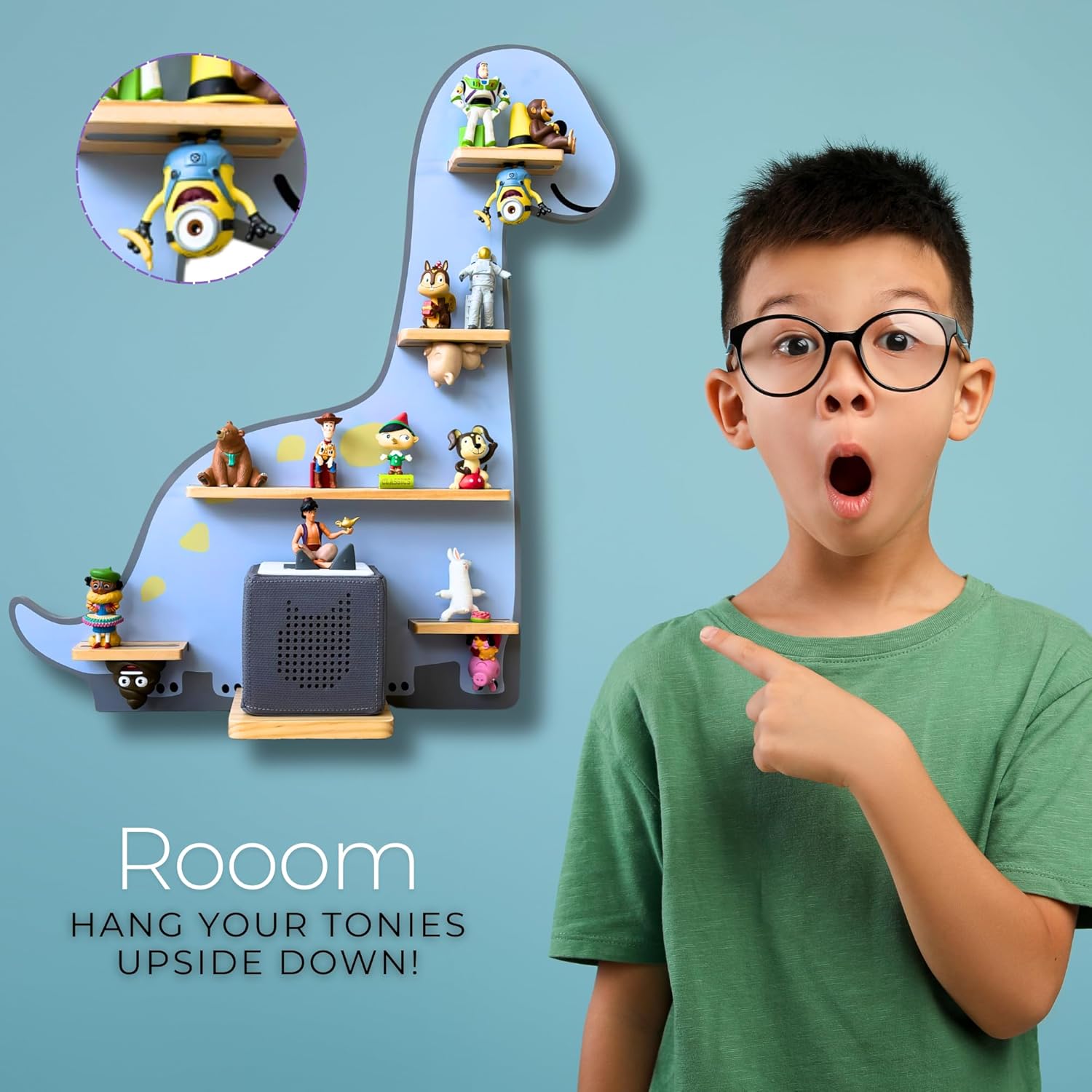 BigStep Large Magnetic Shelf for Toniebox - Metal Strips on Top and Bottom to Hold Tonie Characters and Other Accessories - Use as Wall Shelf or Free Standing - Dinosaur