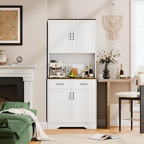 Miniatura 5 de Cozy Castle Armario de despensa, gabinete de cocina de granja con cajones de almacenamiento, barra de café independiente, aparador de licor, armario