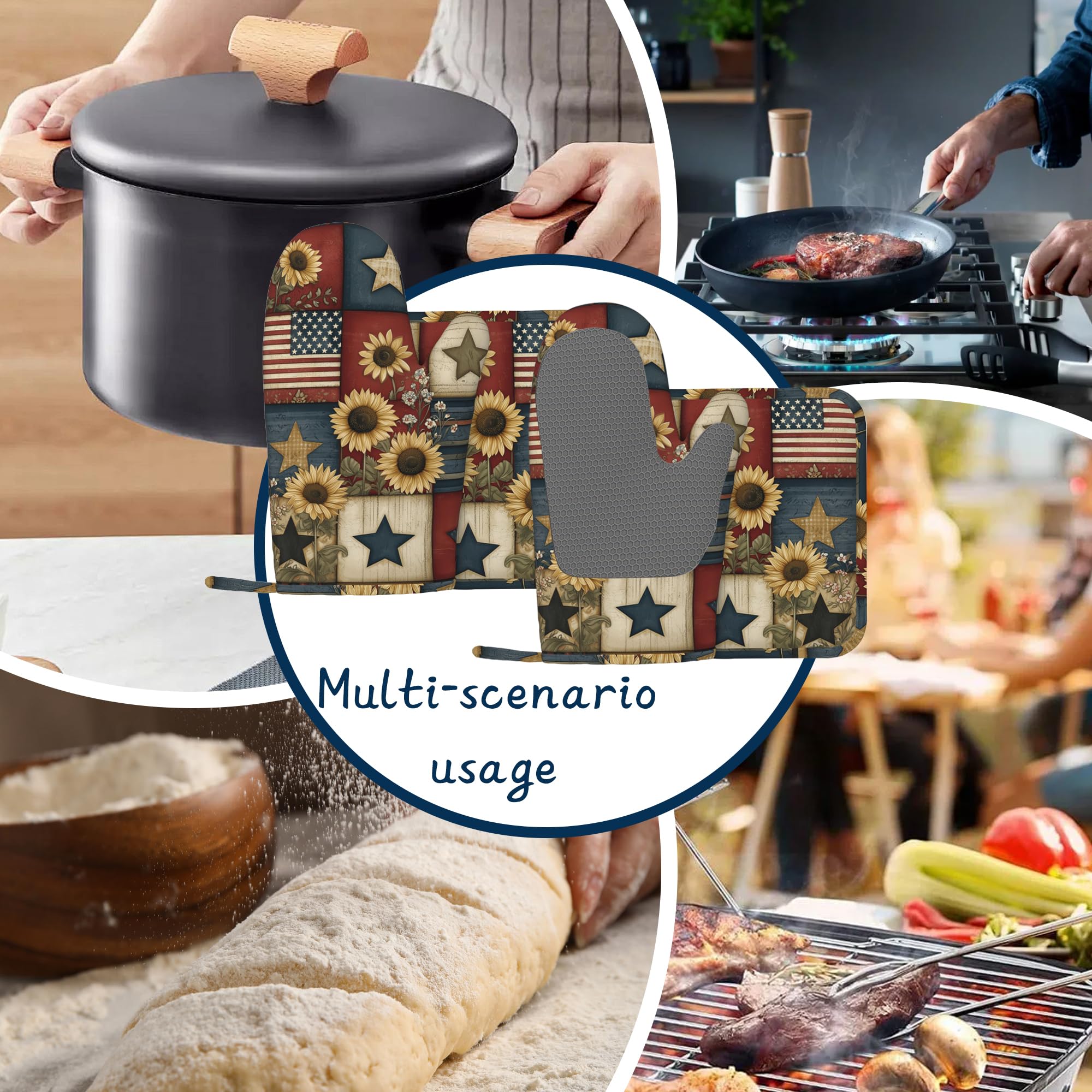 Juego de manoplas de cocina, juego de manoplas de horno y soportes para ollas, de algodón grueso, resistente al calor, bandera del 4 de julio, soporte para sartén caliente, guantes de cocina