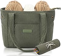 KIBAGA Corduroy Yarn Bag for Crochet & Knitting - Stylish Organizer with 4 Yarn Holes, Pockets for Hooks, Needles & 6-8 Skeins