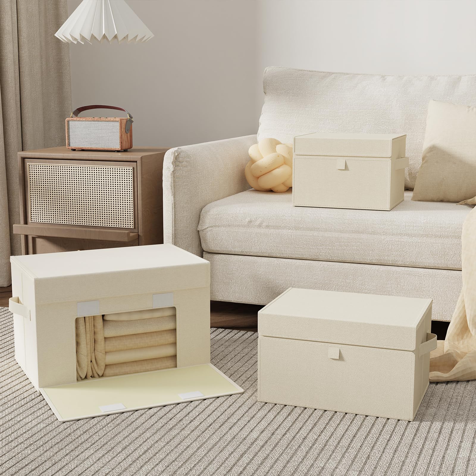 Cubo di Stoccaggio in Tessuto, Cesto Portaoggetti con Coperchio, Organizzatore di Vestiti con Manici, Utilizzato in Camera da Letto o Soggiorno, 4 Pezzi, 26x20x17cm, Beige