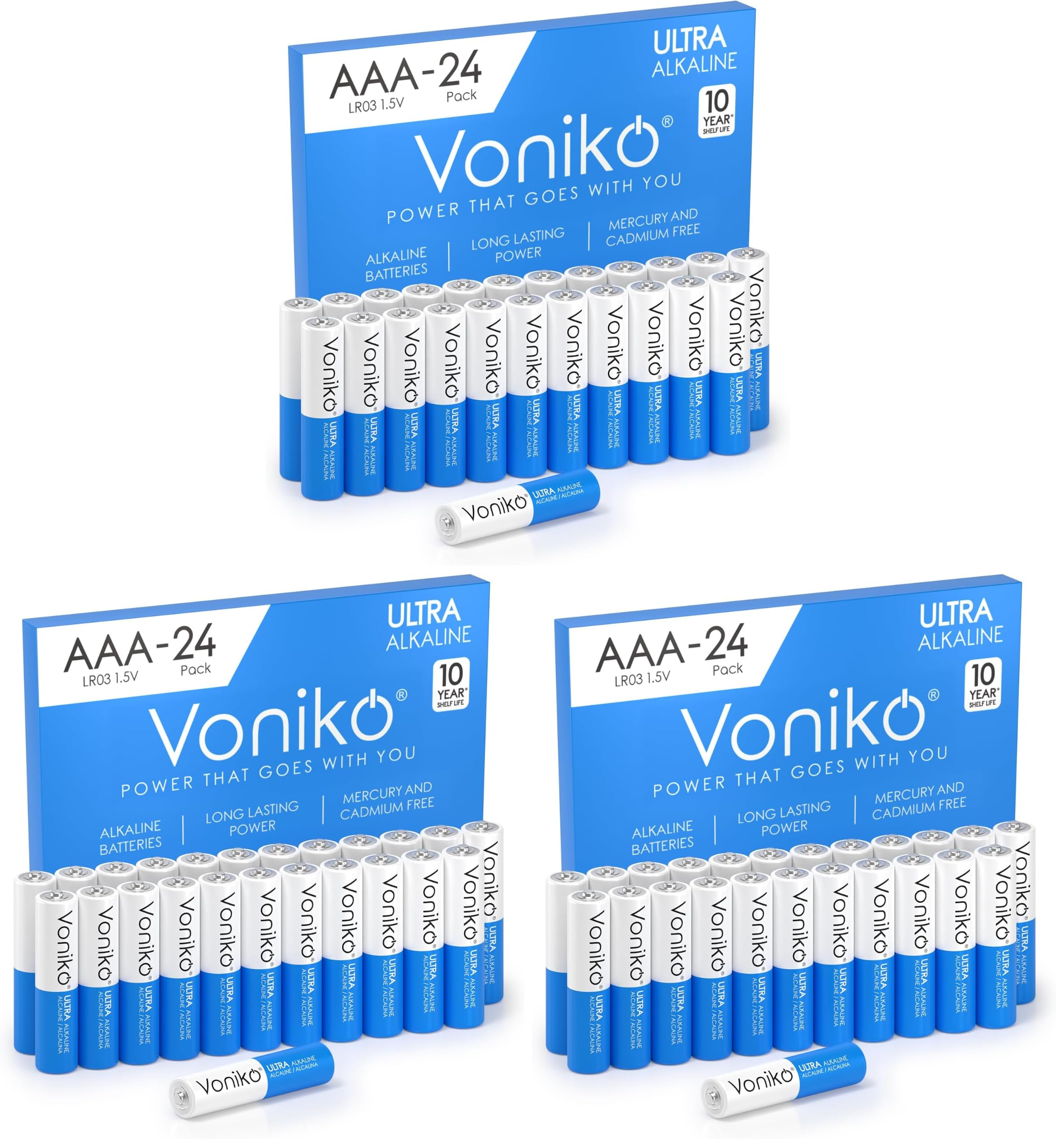 Voniko Ultra AAA Batteries 72 Pack - Alkaline Triple A Battery, Ultra Long-Lasting for All Your Devices, 10-Year Shelf Life, Leak-Proof &amp; Mercury-Free