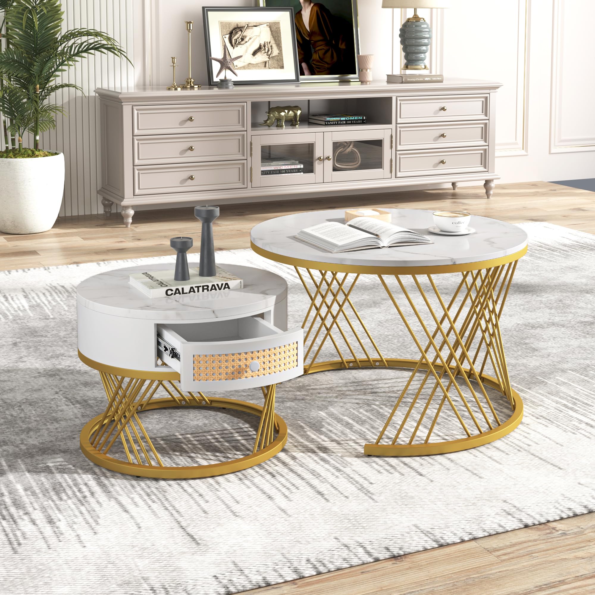 Tavolino rotondo 2 in 1 in MDF, tavolino con piano in marmo e cassetti in rattan sintetico, piedini in ferro dorato, manici in legno massiccio, 70 x 70 x 45,5 + 50 x 50 x 38,5 cm (bianco + oro)