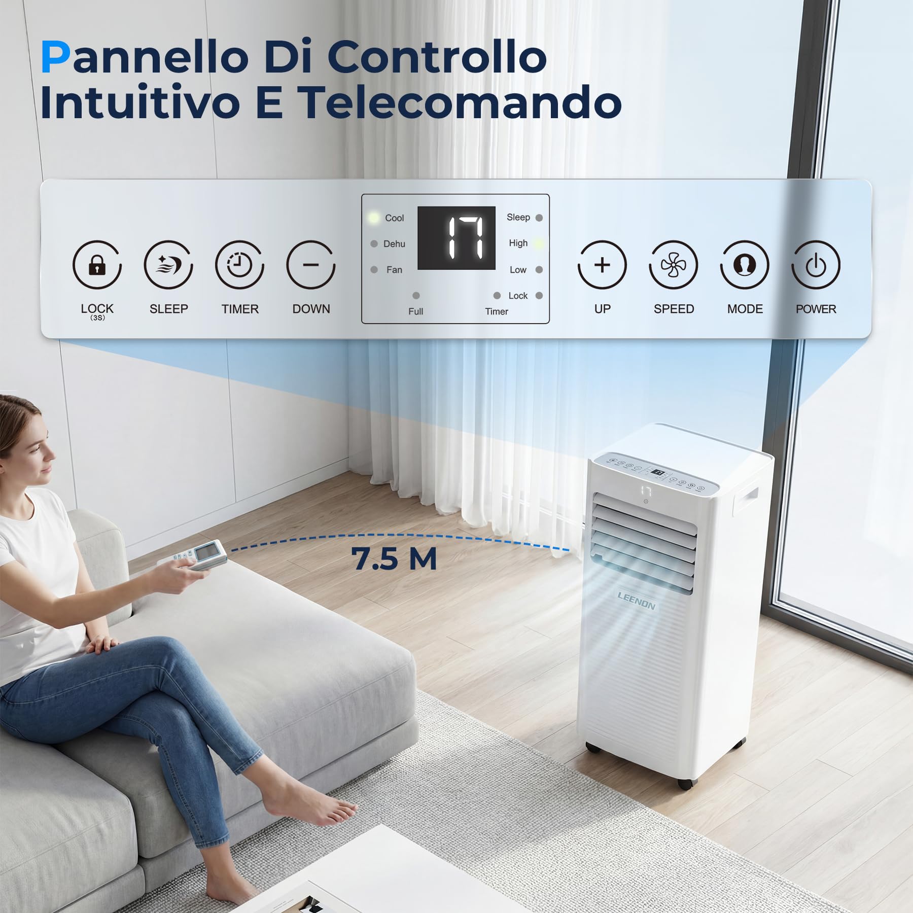 LEENON 9000 BTU Condizionatore Portatile, 4 in 1 Climatizzatore Portatile Deumidificatore Ventilazione e Modalità Sonno, Aria Condizionatore mit Telecomando, Timer 24 Ore, Kit Tubo di Scarico (35 m²)