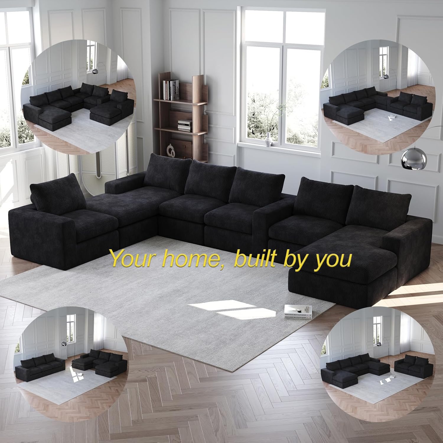 Corduroy Cloud Combination Sofa with Lounge Chair, L-Shaped Modern Upholstered Combination Sofa for Living Room and Bedroom, Apartment, No Assembly Required, Two Large L-Shaped Sofas. (Black+6 Seat)