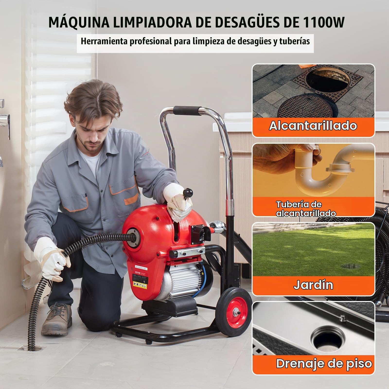 VEVOR Desbloqueador de Tuberías Eléctrico 1100 W Máquina de Limpieza de Tuberías 36,6 m x 3 cm Limpiador Manual de Tubos de Drenaje con 6 Cortadores, Control CW/CCW para Tuberías de 10-20,3 cm