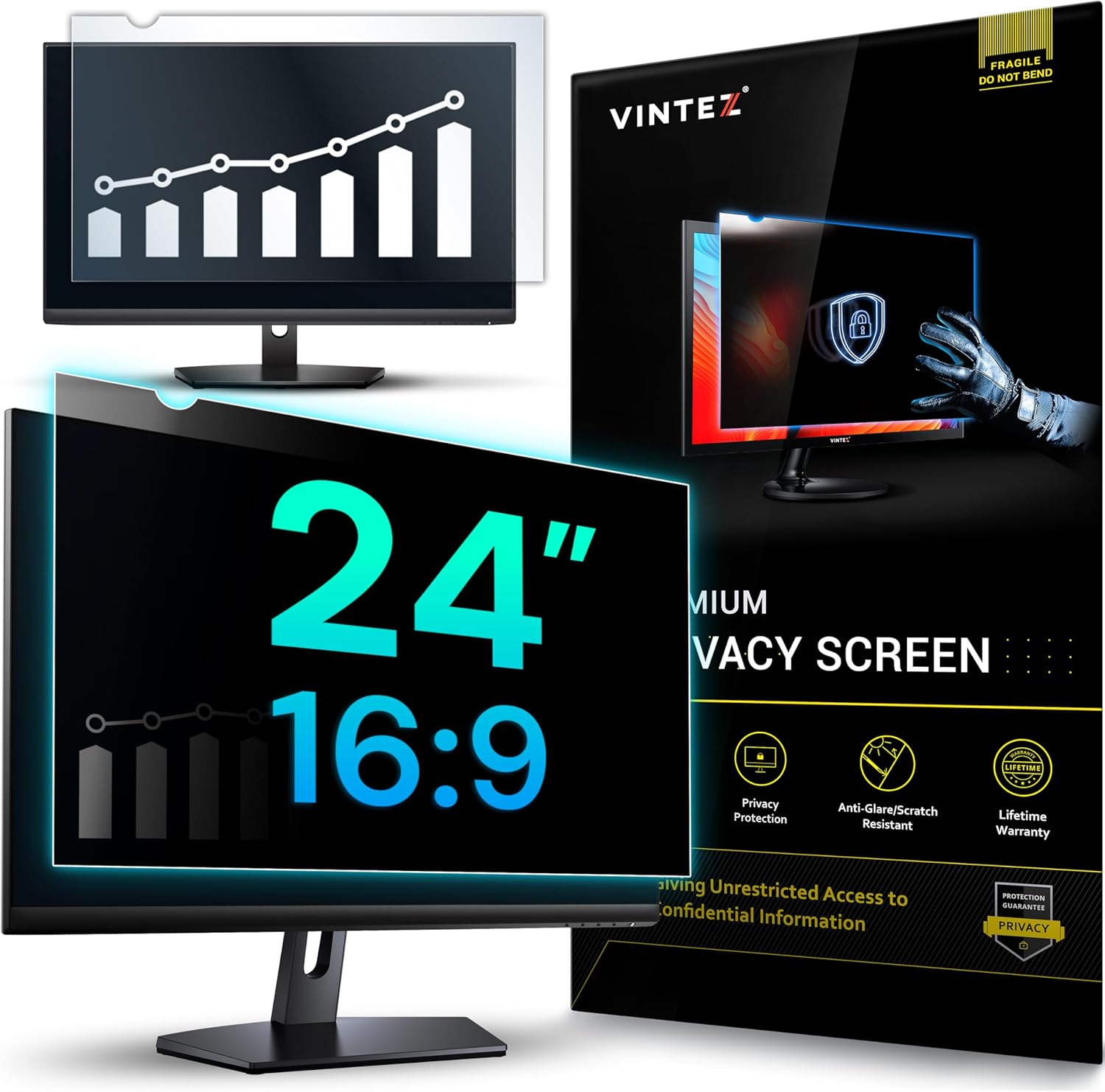 VINTEZ 24 Inch 16:9 Privacy Screen for Computer Monitor and Laptop - Anti Glare Protector Film Blue Light Filter Eye Protection - Computer Screen Privacy Shield, 1 Pack 1 pack 24" DIAGONAL (16:9)