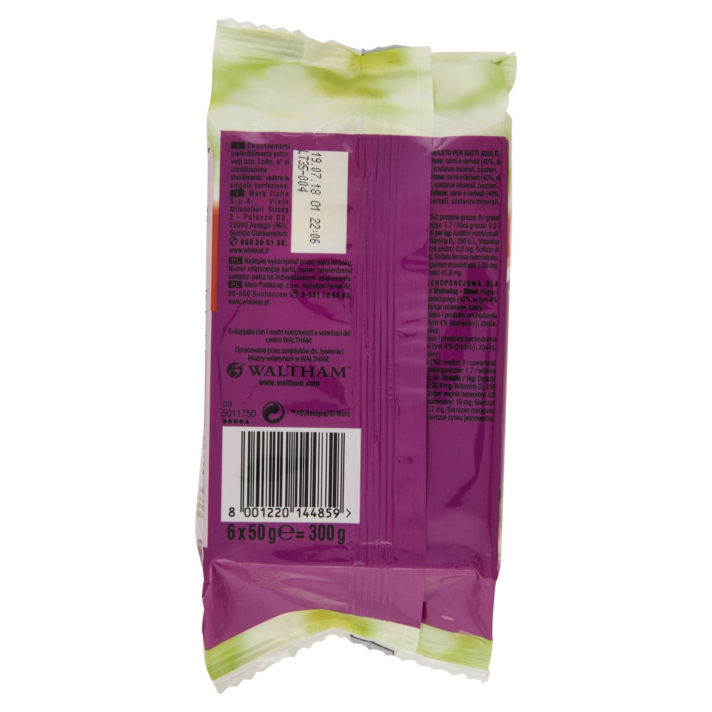 Whiskas Pranzetti in Salsa 1 Ans 6 x 50 g, Nourriture pour Chat avec bœuf, Agneau et Poulet - 12 Paquets (72 pièces au Total)