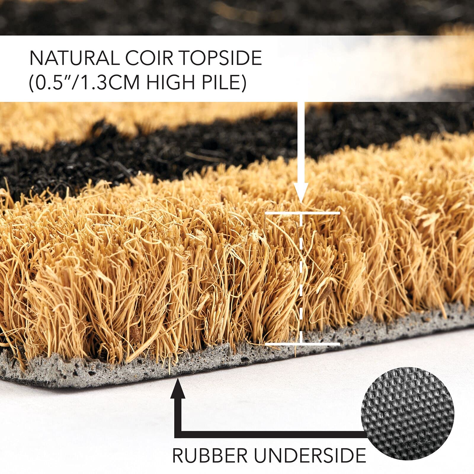 mDesign Rectangular Coir and Rubber Entryway Doormat with Natural Fibers for Indoor or Outdoor Use - Neutral Design - Stripe Design - Minimalistic - 36" x 22" - Natural/Black