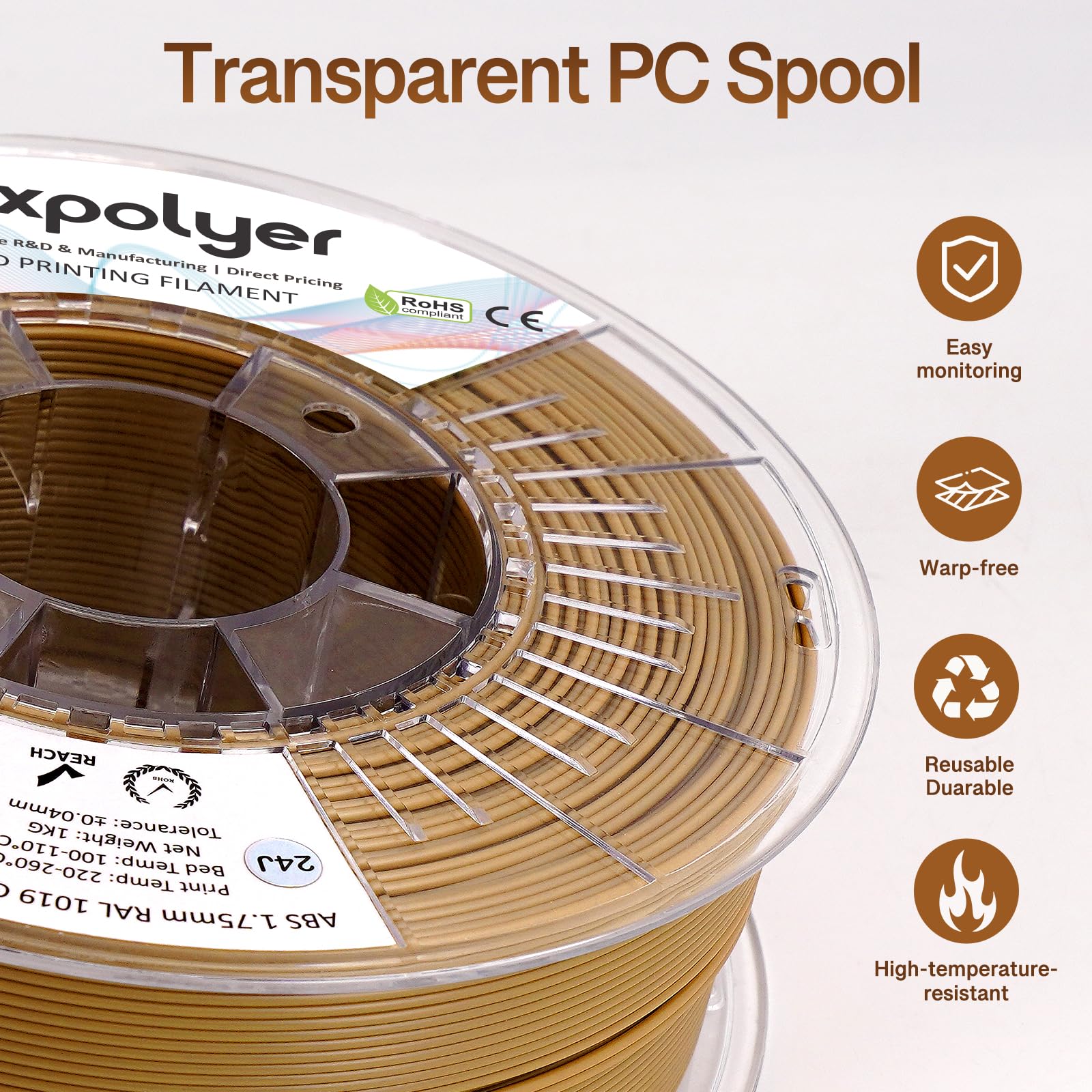 YXPOLYER Filamento per stampante 3D in ABS, serie marmo, 1,75 mm, 1 kg, marrone beige, testurizzato, per stampante 3D, ad alta resistenza e resistente all'umidità, con bobina compatibile AMS