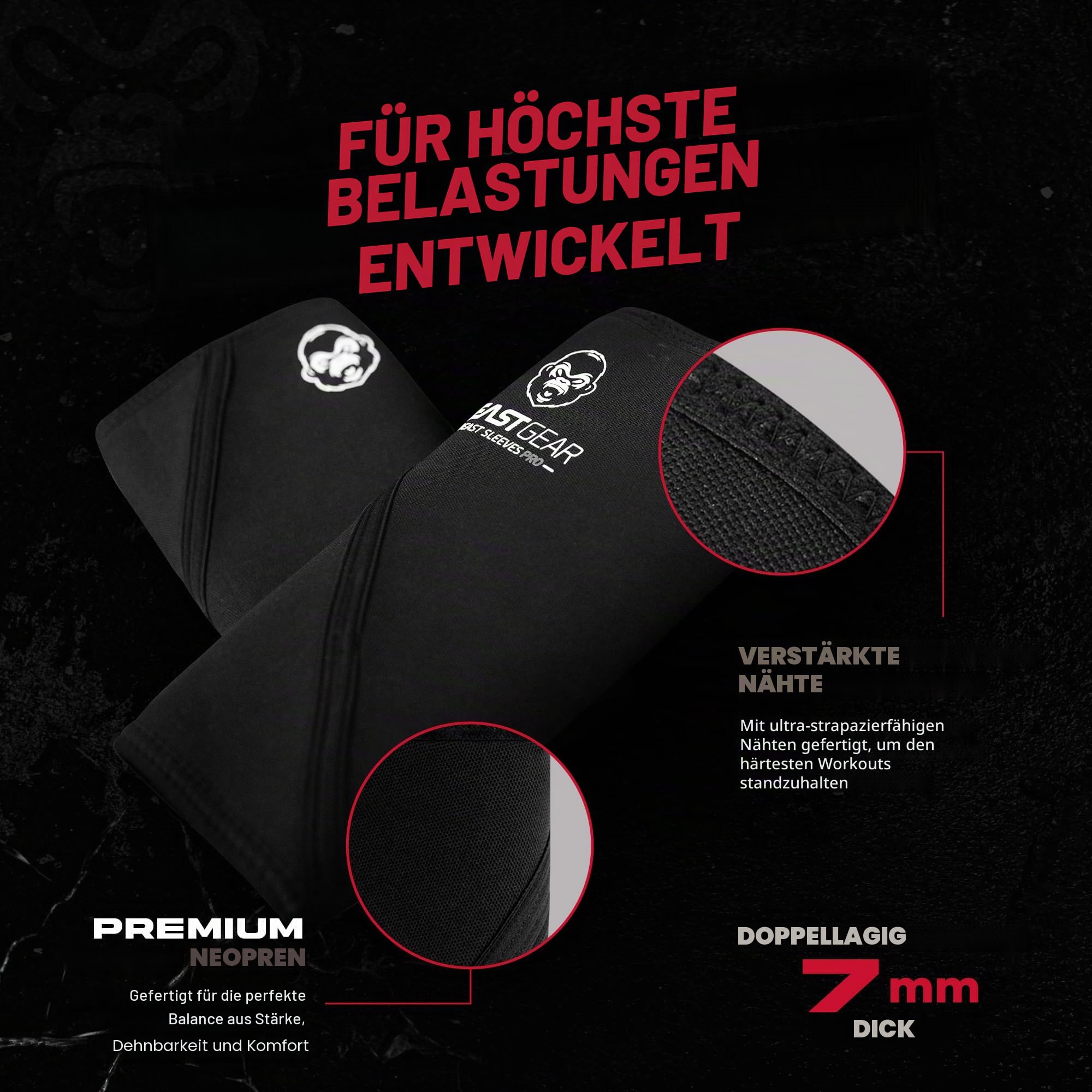 Beast Gear Kniebandage, 7 mm Knieschoner aus Neopren, Doppelschichtig, Kraftsport für Unterstützung und Schutz, Gewichtheben, Crossfit, Powerlifting, Strongman, Kniebeugen, Kreuzheben,S/M/L/XL
