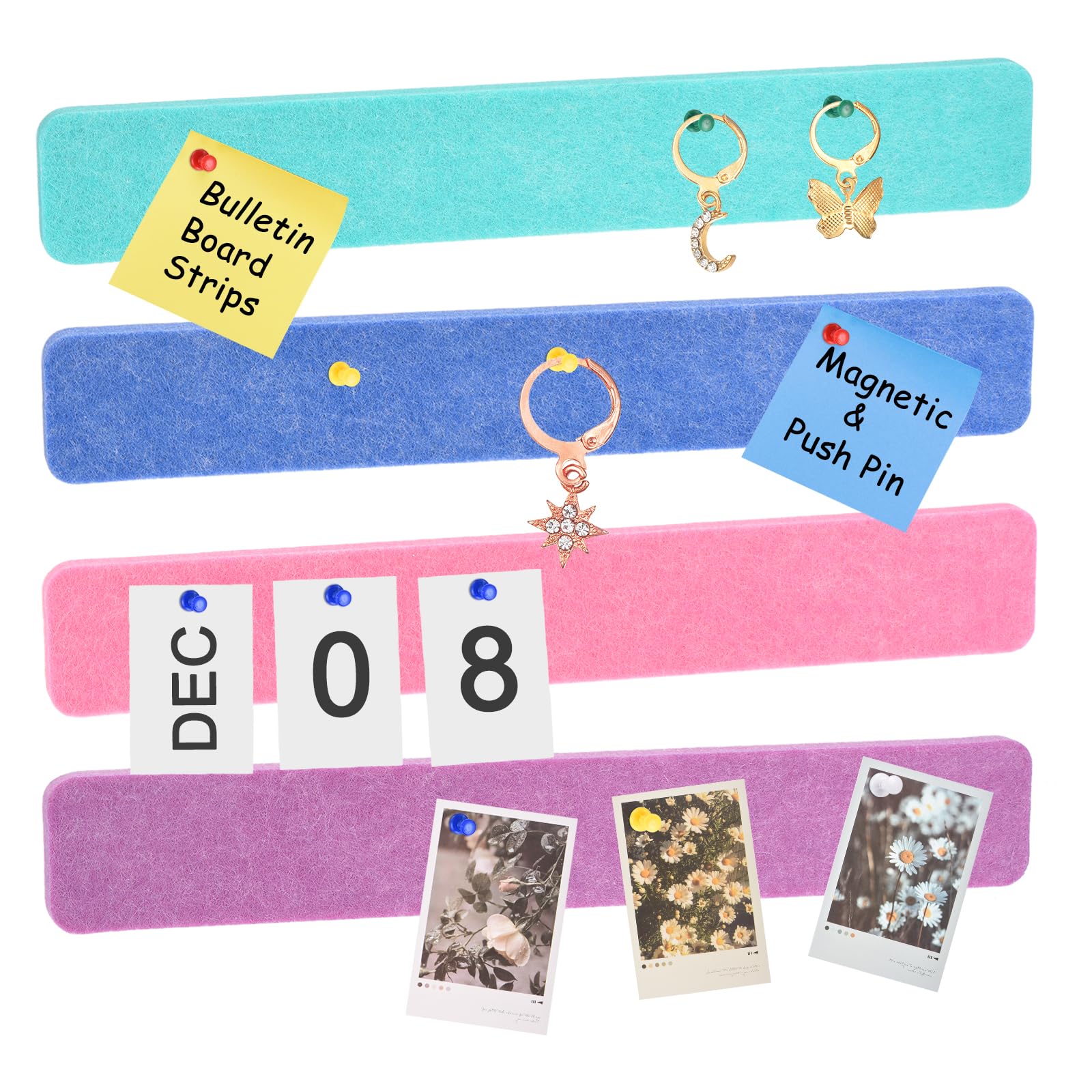 sourcing map 8 Pack Felt Pin Board Bar Strip, 33cm x 5cm Cork Board Bar Strips Self-Adhesive Bulletin Board Strips with 35 Push Pins for Paste Notes Photos, Pink/Light Purple/Blue Green/Blue