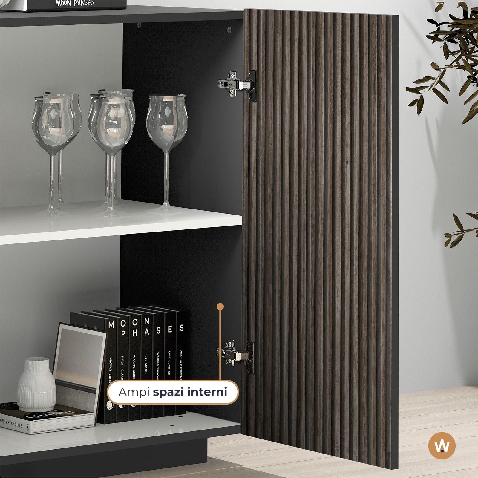 WHOUS Credenza e Buffet COSTE per Soggiorno con 4 Ante e 3 Cassetti, Madia in Stile Canneté per Salotto e Cucina in Legno, 220,1x43x86 cm, Antracite Opaco e Legno Scuro
