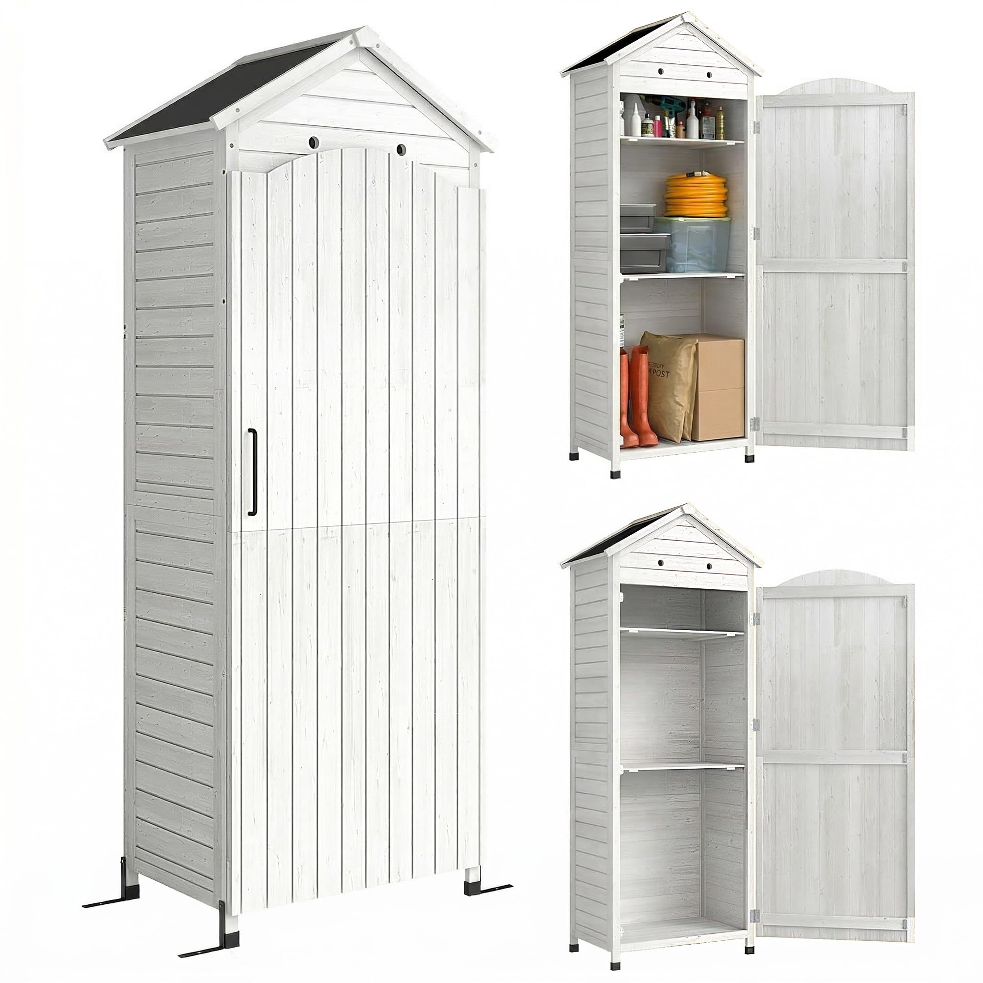 Outsunny Armadio da Giardino in Legno Alto, Casetta Porta Attrezzi da Esterno con Tetto Inclinato Zincato, Ripiani Regolabili, Prese d'Aria, Kit Antiribaltamento, 85x58x213cm, Finitura Goffrata Bianco