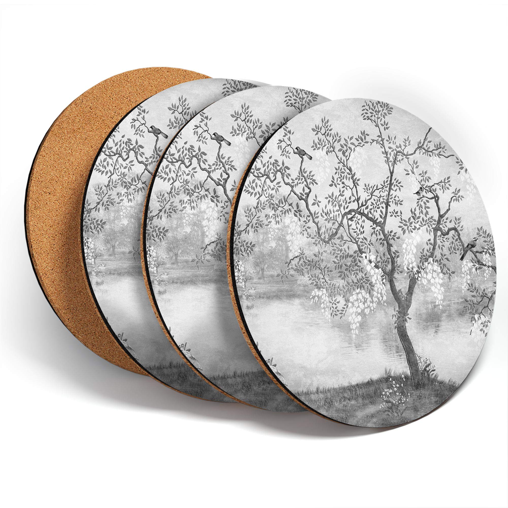 Great Coasters (Set of 4) Round - BW - Japanese Garden Illustration Japan Drink Glossy Coasters/Tabletop Protection for Any Table Type #43073