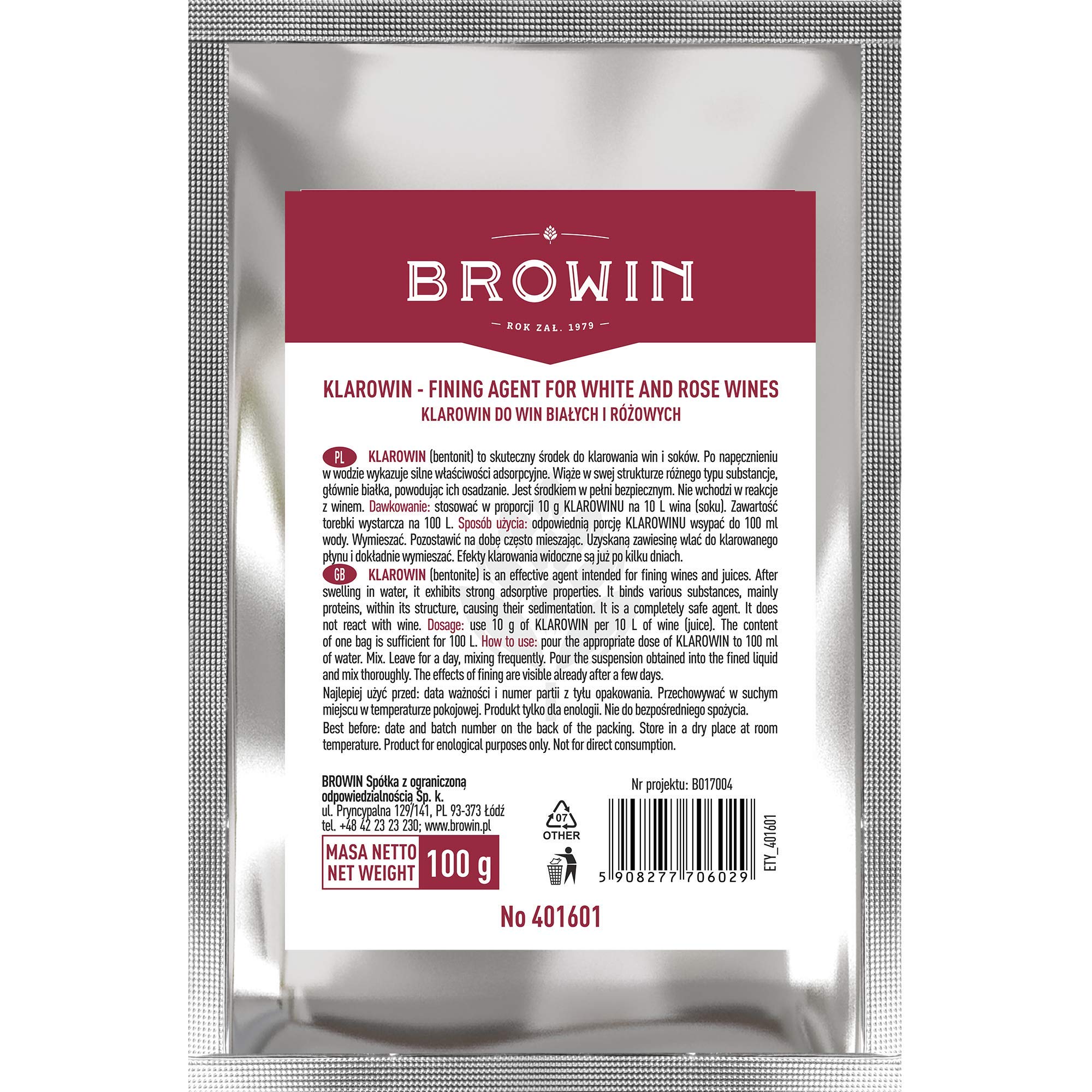 Browin 401601 Weinklärmittel/Schönungsmittel für Weißweine und Rotweine Klarowin, Powder, Bentonit, Große, ökomische Verpackung für 100 l Cuvée, 100 g,