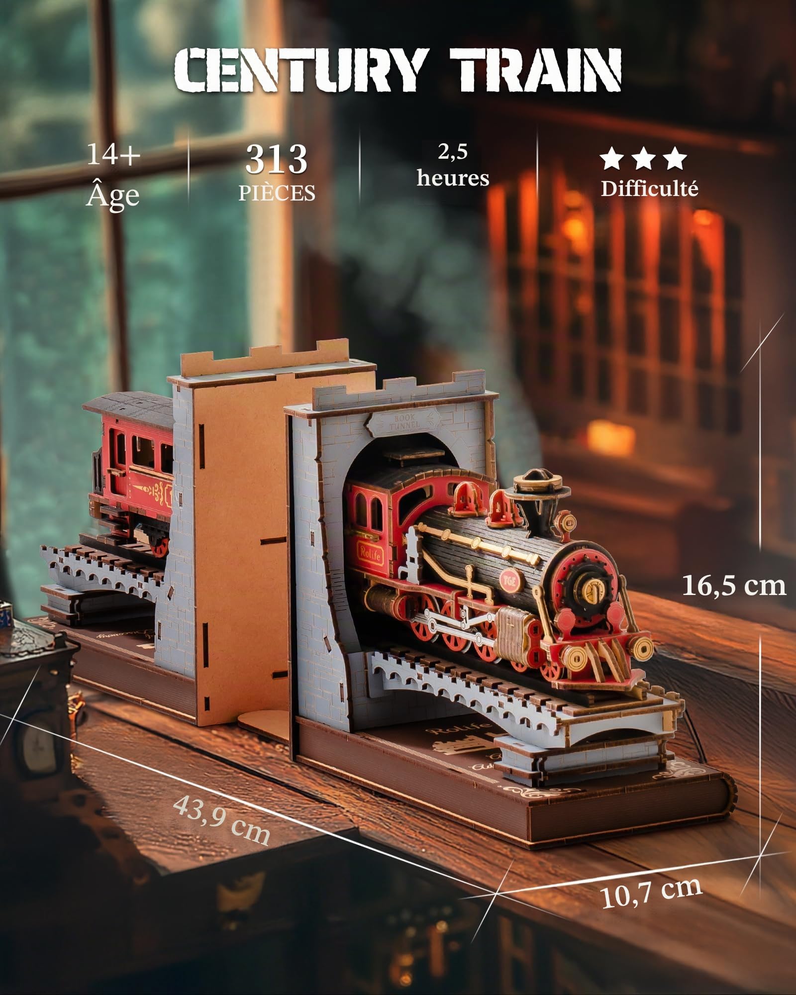 Rolife Book Nook Kit Maison Miniature à Construire DIY Maquette Adulte en Bois Décoration de Bibliothèque Livre Salon Puzzle Century Train 3D Booknook Bookend Modélisme Diorama Serre-Livres TGE01