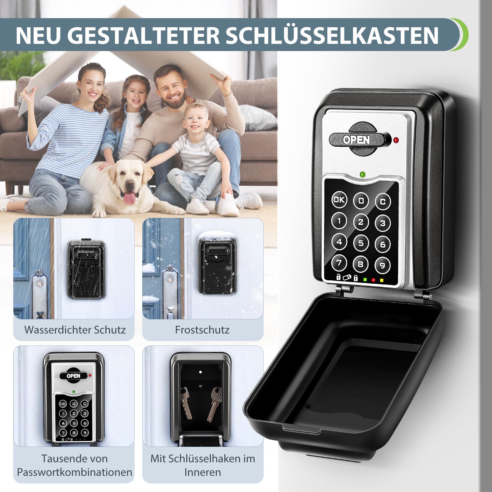 Schlüsseltresor mit Zahlencode 6 Stellig, Wasserdichter Schlüsselkasten für Außen, Wandbefestigter Schlüsselsafe Grau