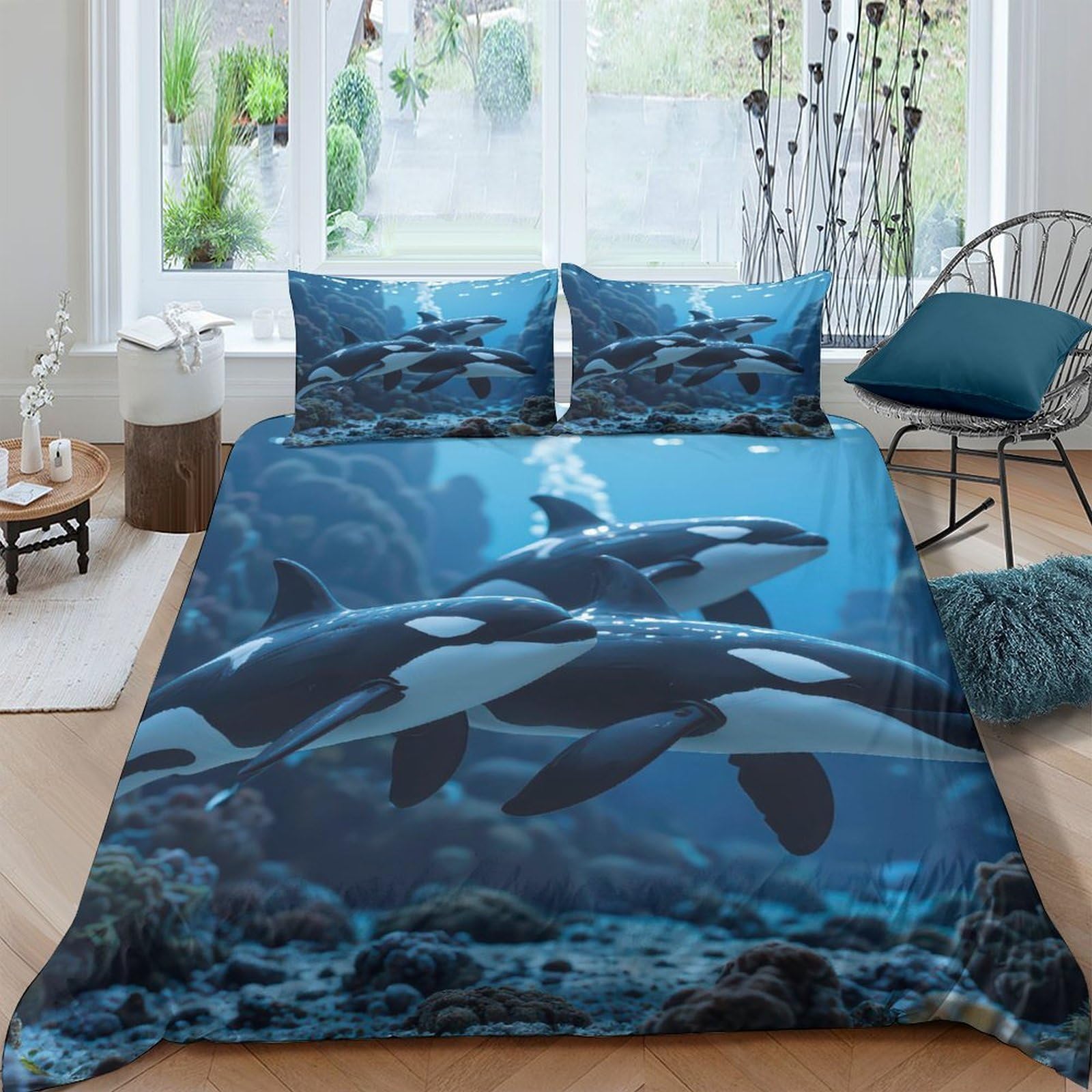 Ctjqhvkz Style-9 3D Printed Ocean Orca Fitted Sheet Microfiber Soft Blue Sea Whale Bed Cover Anti-Slip Mattress For Bedroom Decor Single（135X200cm）