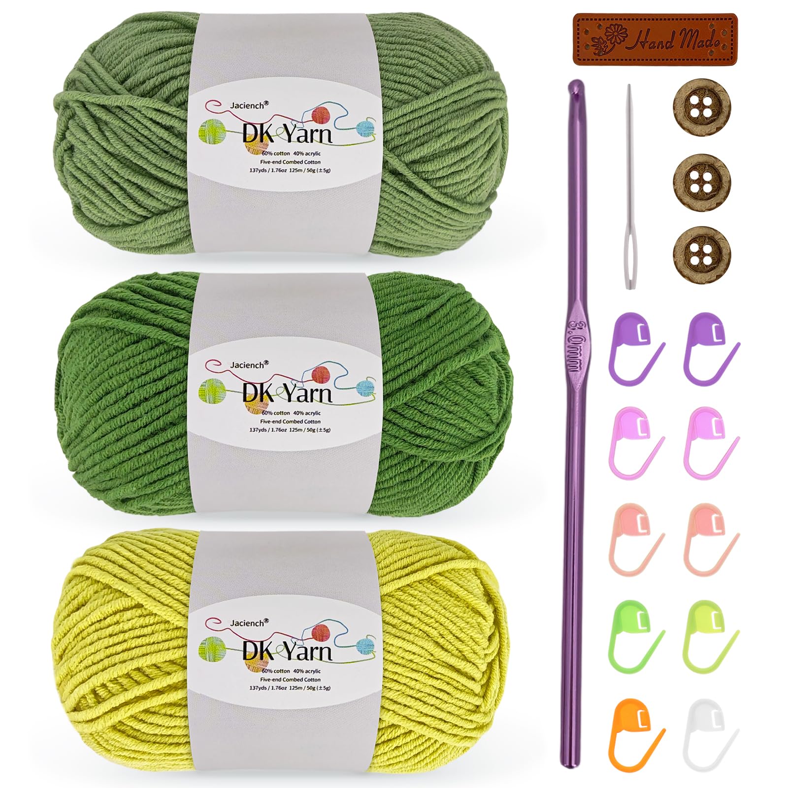 Crochet Yarn Kit, 3×50g 60% Cotton 40% Acrylic Combed Cotton Yarn with 3mm Hook & Accessories, DK Wool for Beginners Amigurumi Socks Blankets（Green, Matcha Green, Lemon Yellow）