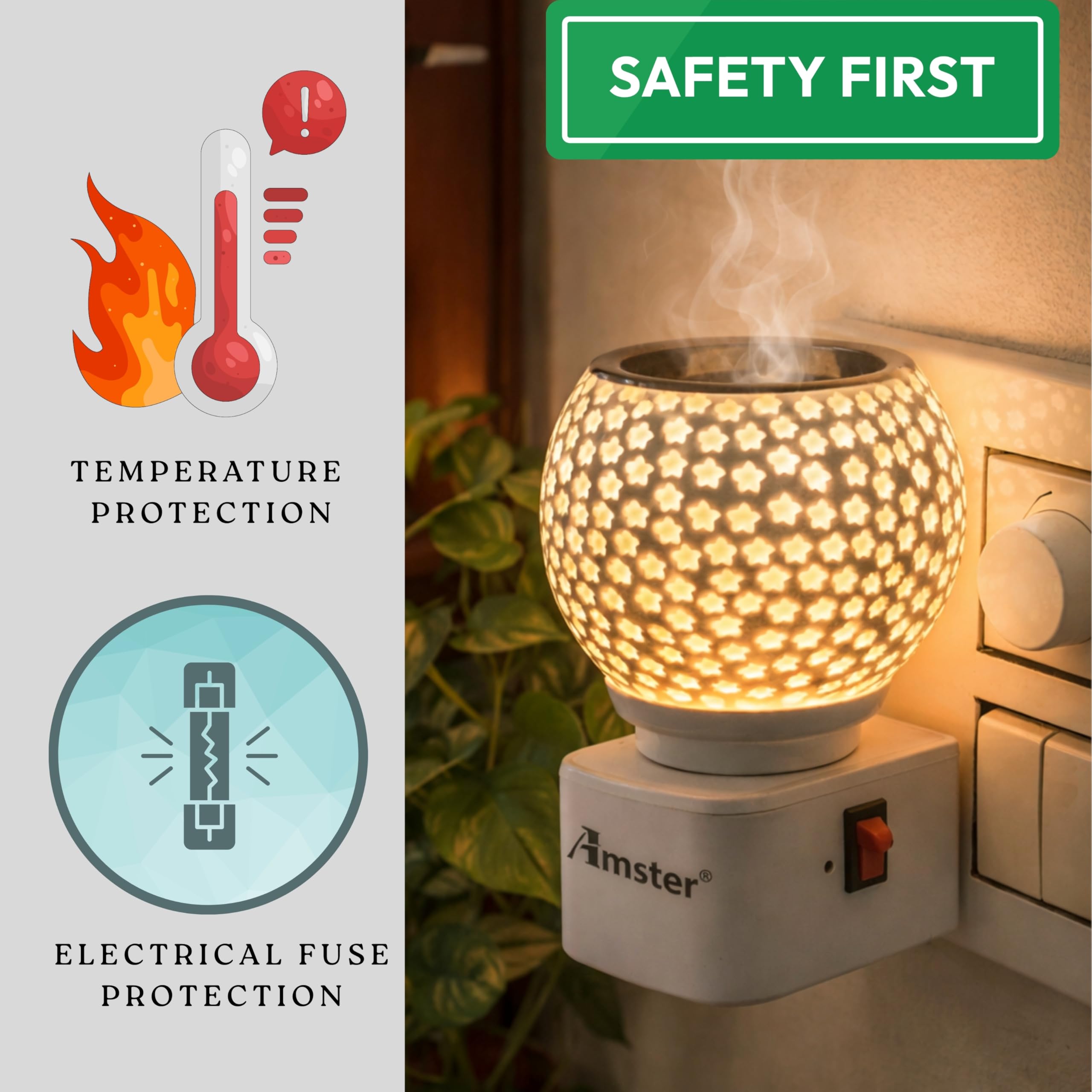 Amster Electric Kapoor Dani & Aroma Diffuser – 2-in-1 Multipurpose Incense Burner with Night Lamp – Ceramic Camphor Diffuser for Home, Office & Temple – Stress Relief & Spiritual Decor (KD1) 2