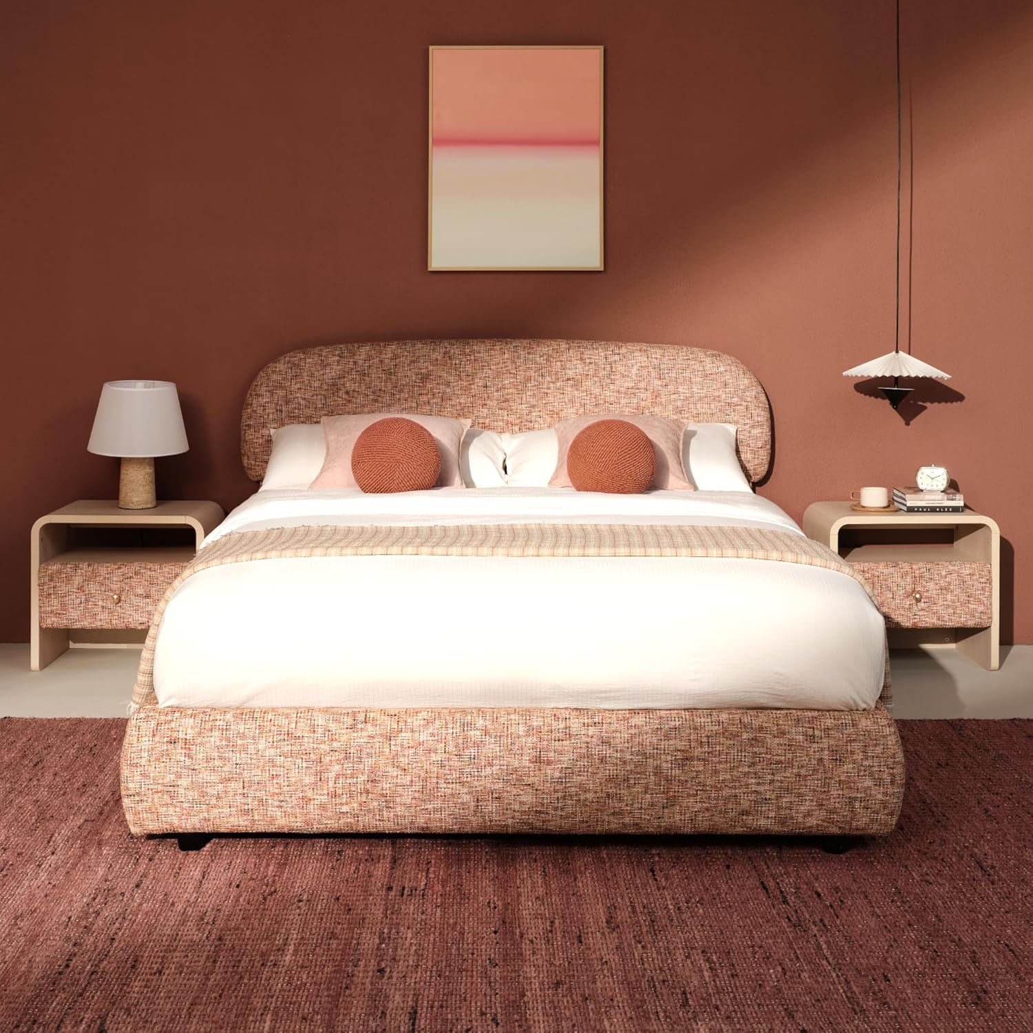 ModernMate Dione Collection Queen Size Upholstered Lift Up Storage Bed Frame – Oeko-TEX Chenille, Hydraulic Lift Storage, Curved Headboard, Organic Modern Bedroom Furniture, Canyon Dawn Red