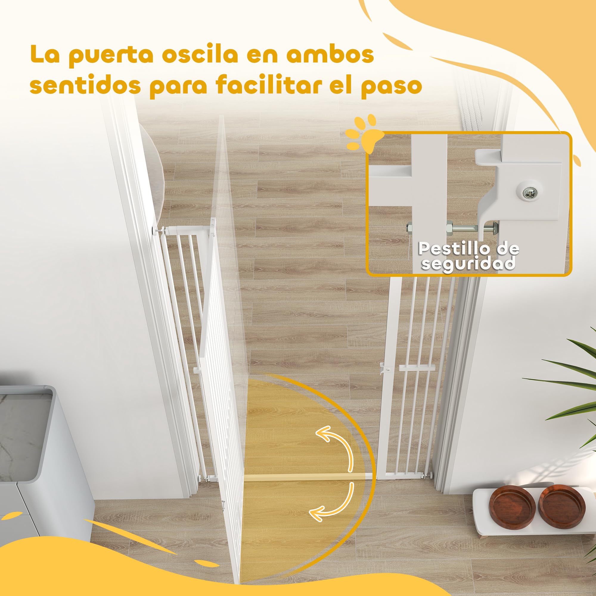PawHut Barrera de Seguridad para Perros y Gatos Extra Alta 150 cm, Barrera para Perros Extensible 77-104 cm para Puertas y Escaleras, con Montaje a Presión, 2 Extensiones y Puerta de Paso, Blanco
