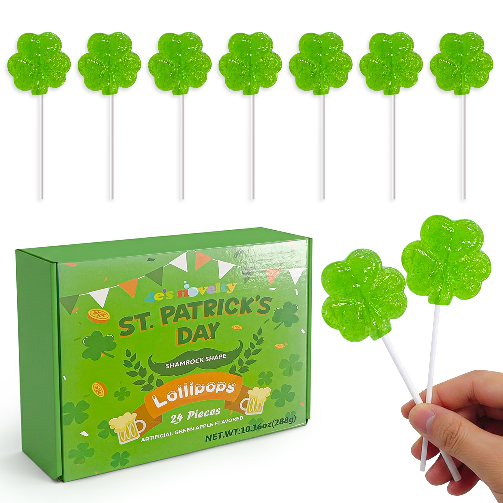 4E's Novelty 24 Pack St. Patrick's Day Shamrock Lollipops, Green Apple Flavor Individually Wrapped Shamrock Shape Candies, St Patricks Suckers Party Favors Goodie Bag Fillers, Fun St Patty's Day Office Classroom Candy