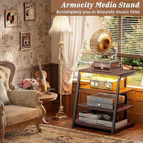 Miniatura 4 de Armocity Soporte multimedia AV de 4 niveles con regletas de alimentación, soporte de TV de esquina con luces LED, torre de audio en rack con Negro