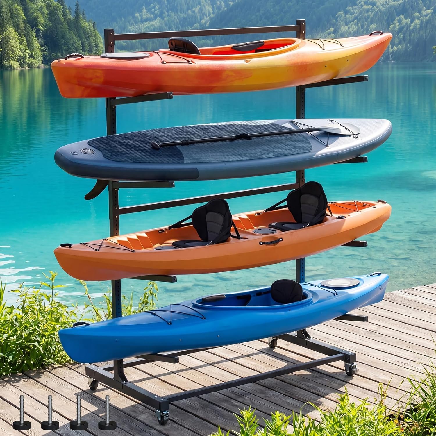 Kayak Storage Rack with Wheel, Adjustable Kayak Racks, Carbon Steel Water Sport Watercraft Storage Rack for Canoes or Surfboards
