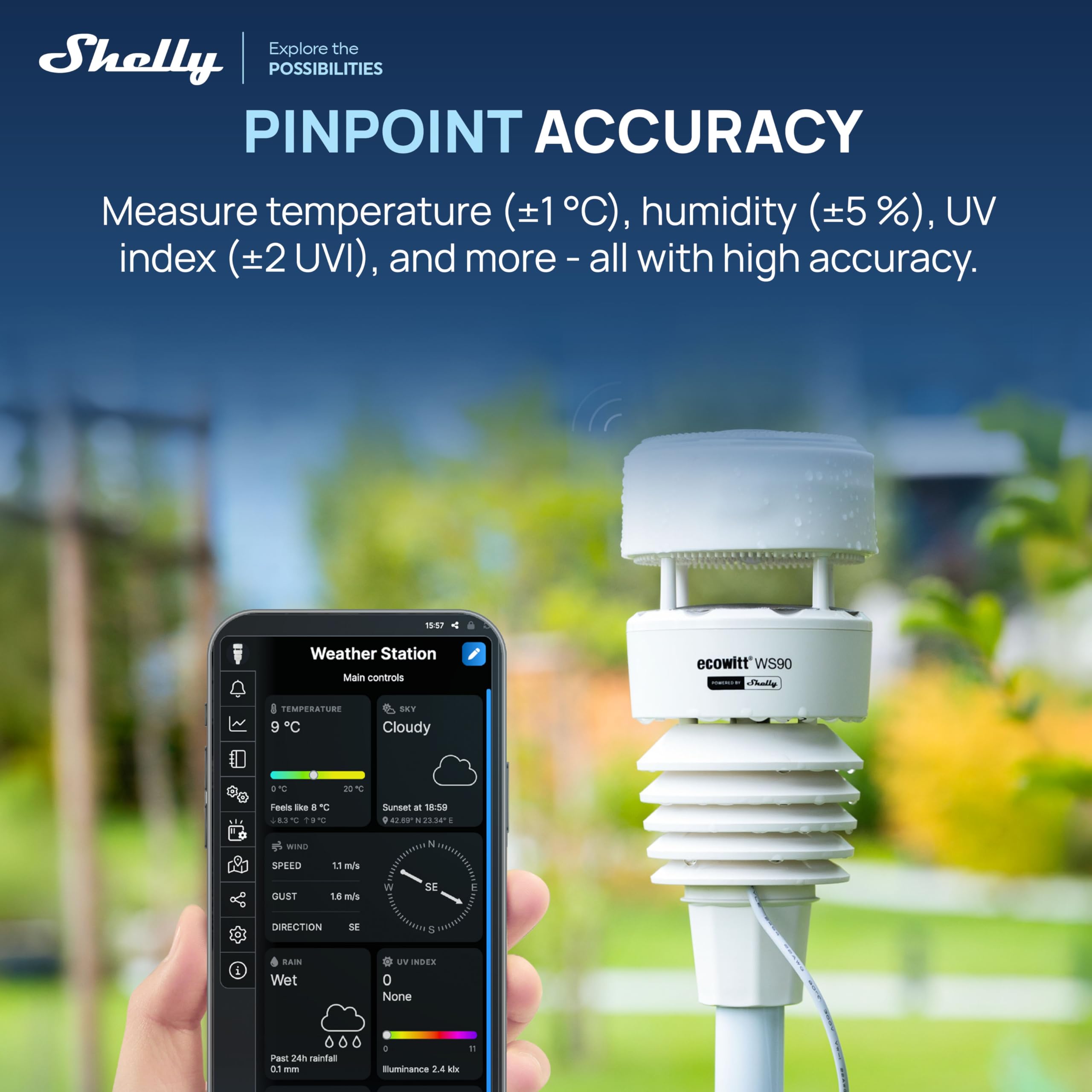 Ecowitt WS90 Powered by Shelly - Bluetooth & Zigbee Stazione Meteorologica Intelligente 7-in-1, UV e Misurazione della Radiazione Solare, Irrigazione e Giardinaggio, Rilevamento Pioggia Aptico, IPX5