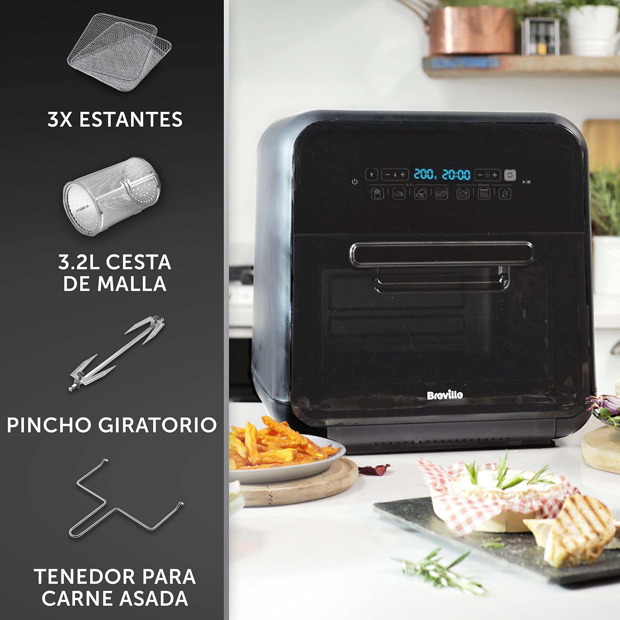 Breville freidora de aire y asador halógeno | Horno freidora de aire extragrande digital | 10 l | Freír, hornear y deshidratar | 2000 W | Eficiente energéticamente | Negro y gris [VDF127X]