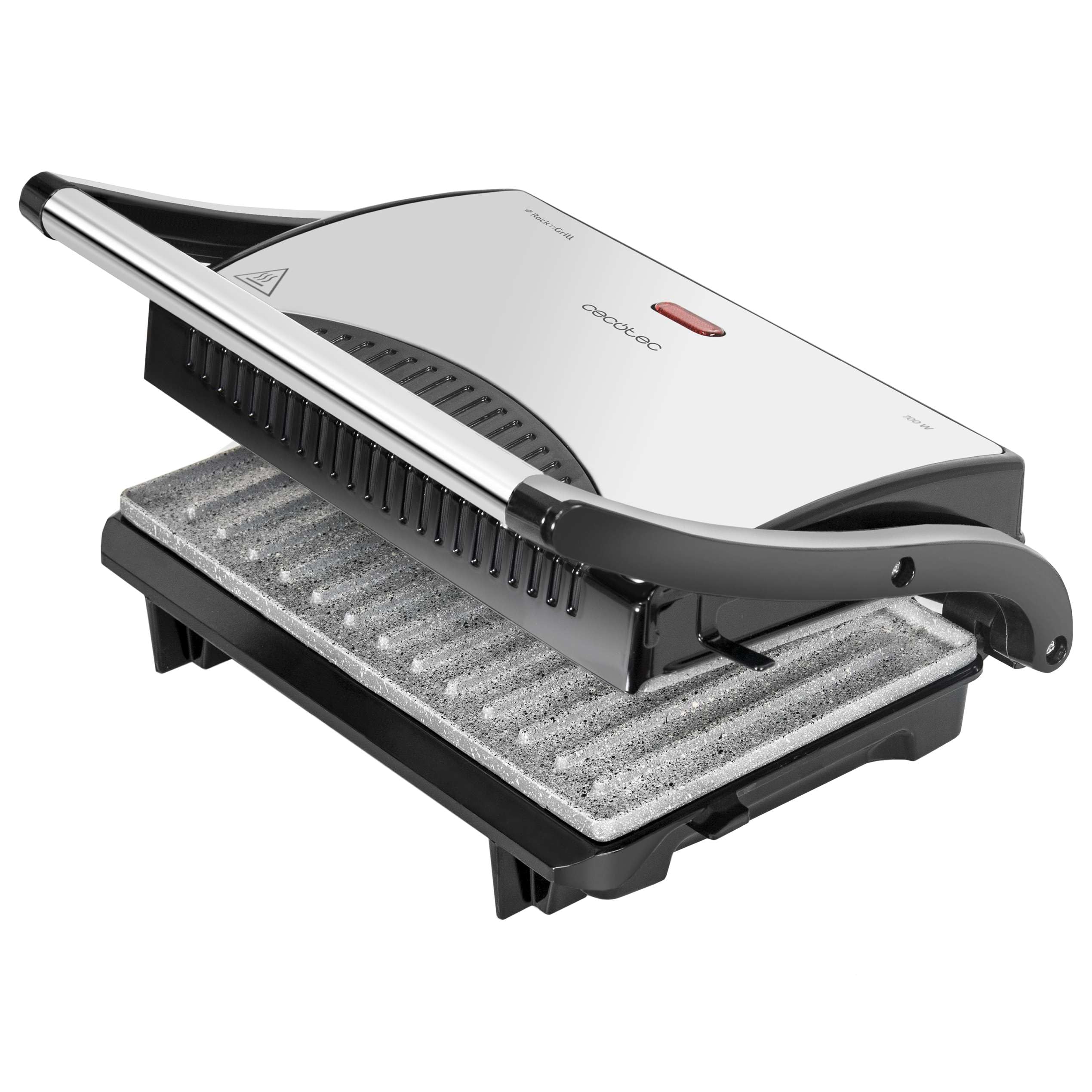 Cecotec Griglia elettrica con Grill Rock'n Grill. 700 W, superficie 23 x 14,5 cm, RockStone antiaderente, senza PTFE, PFOA, piastra galleggiante, maniglia fredda al tatto, indicatore luminoso